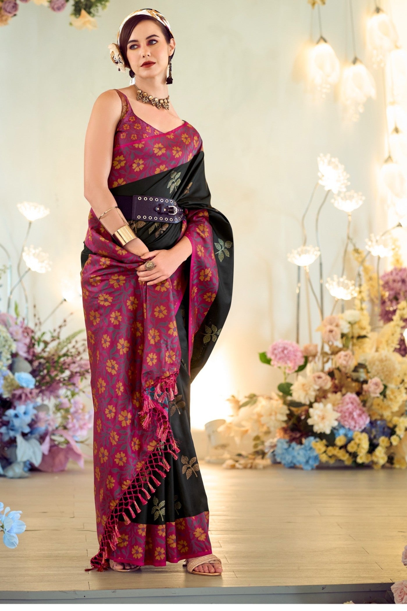 Outer Space Black Woven Banarasi Soft Silk Saree