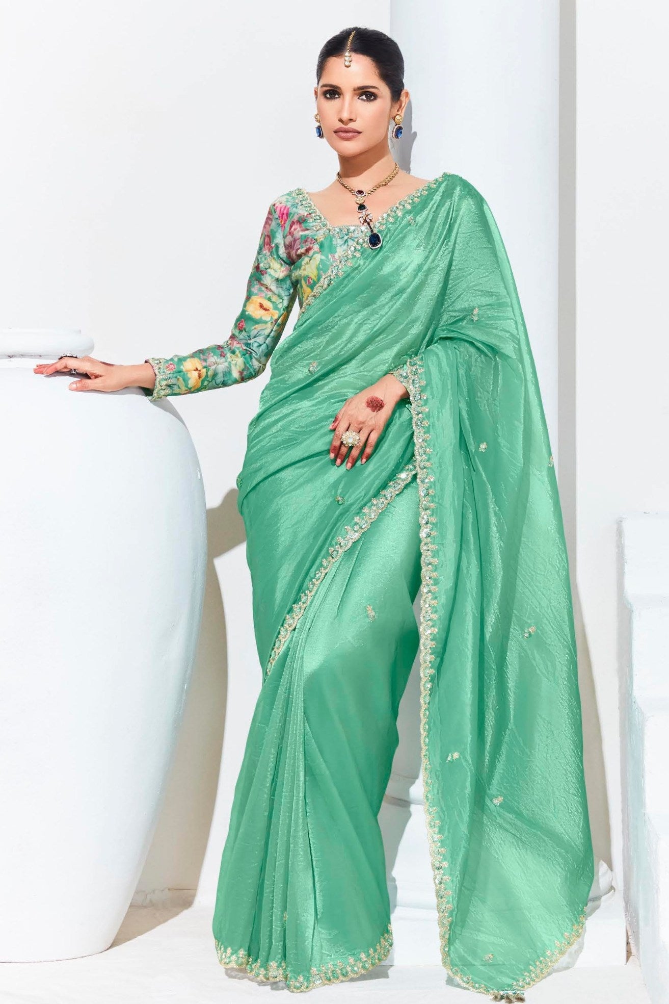 Polished Pine Green Tissue Organza Designer Partywear Saree