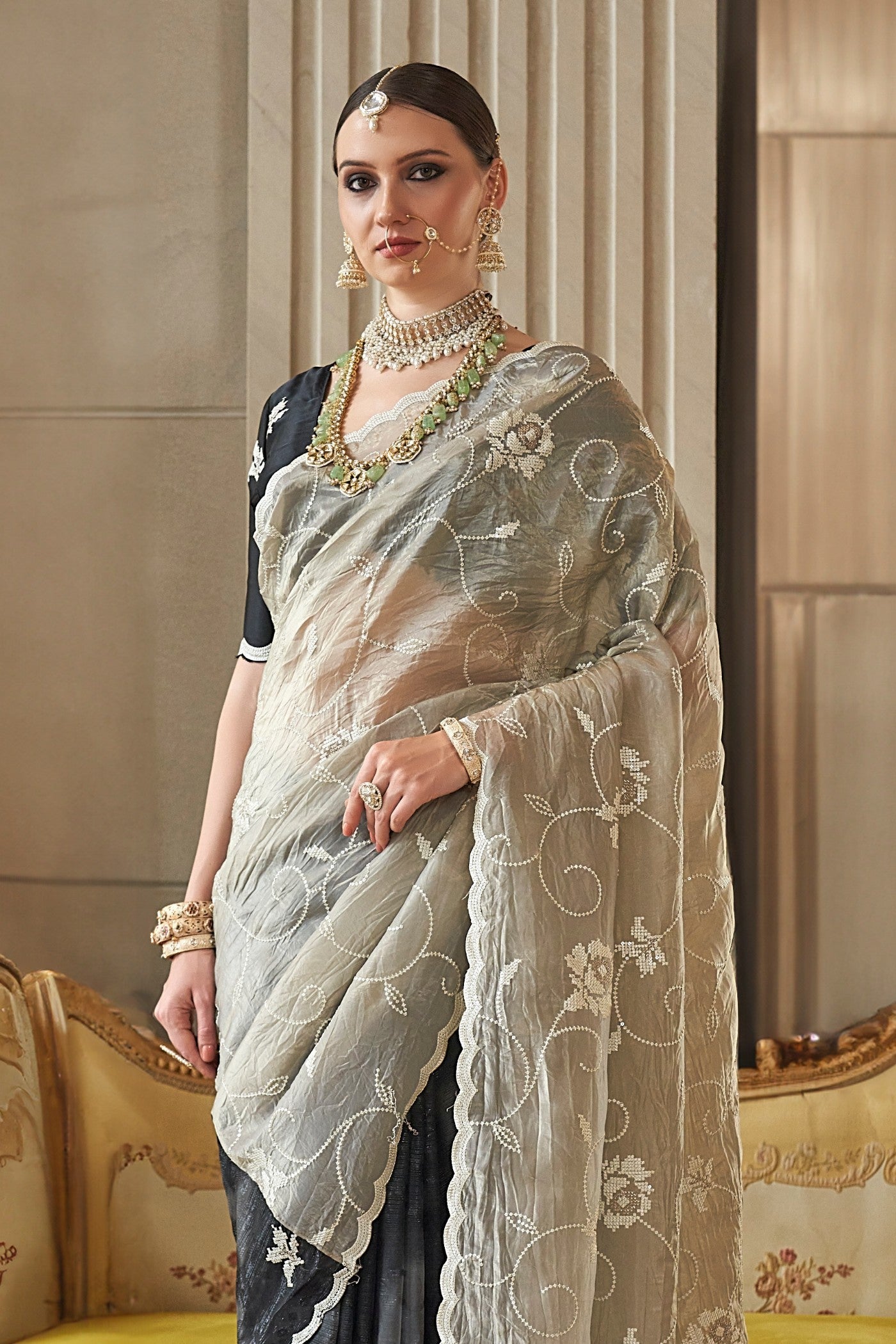 Bison Hide Green Tissue Designer Saree