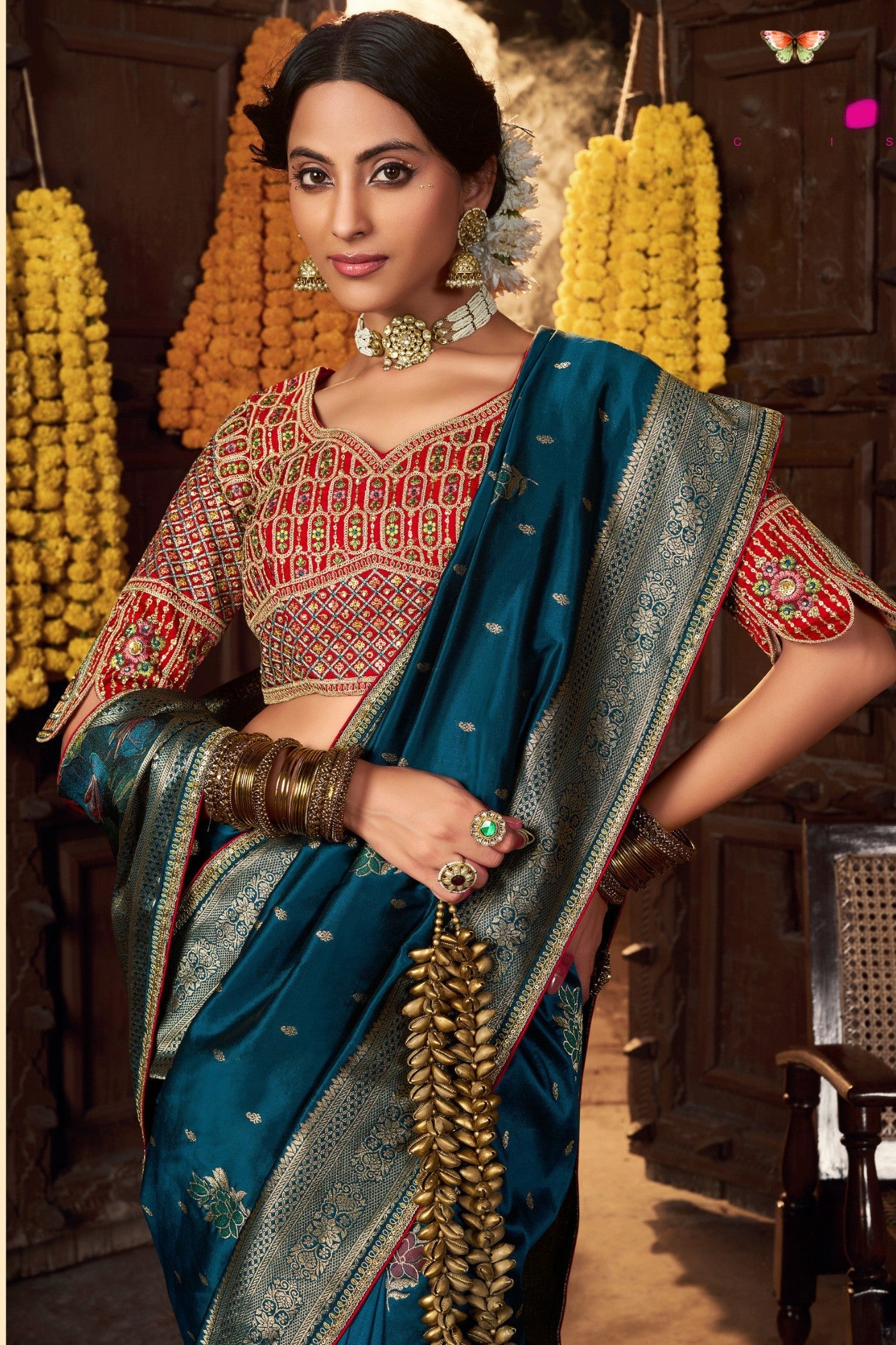 Elephant Blue Designer Banarasi Saree