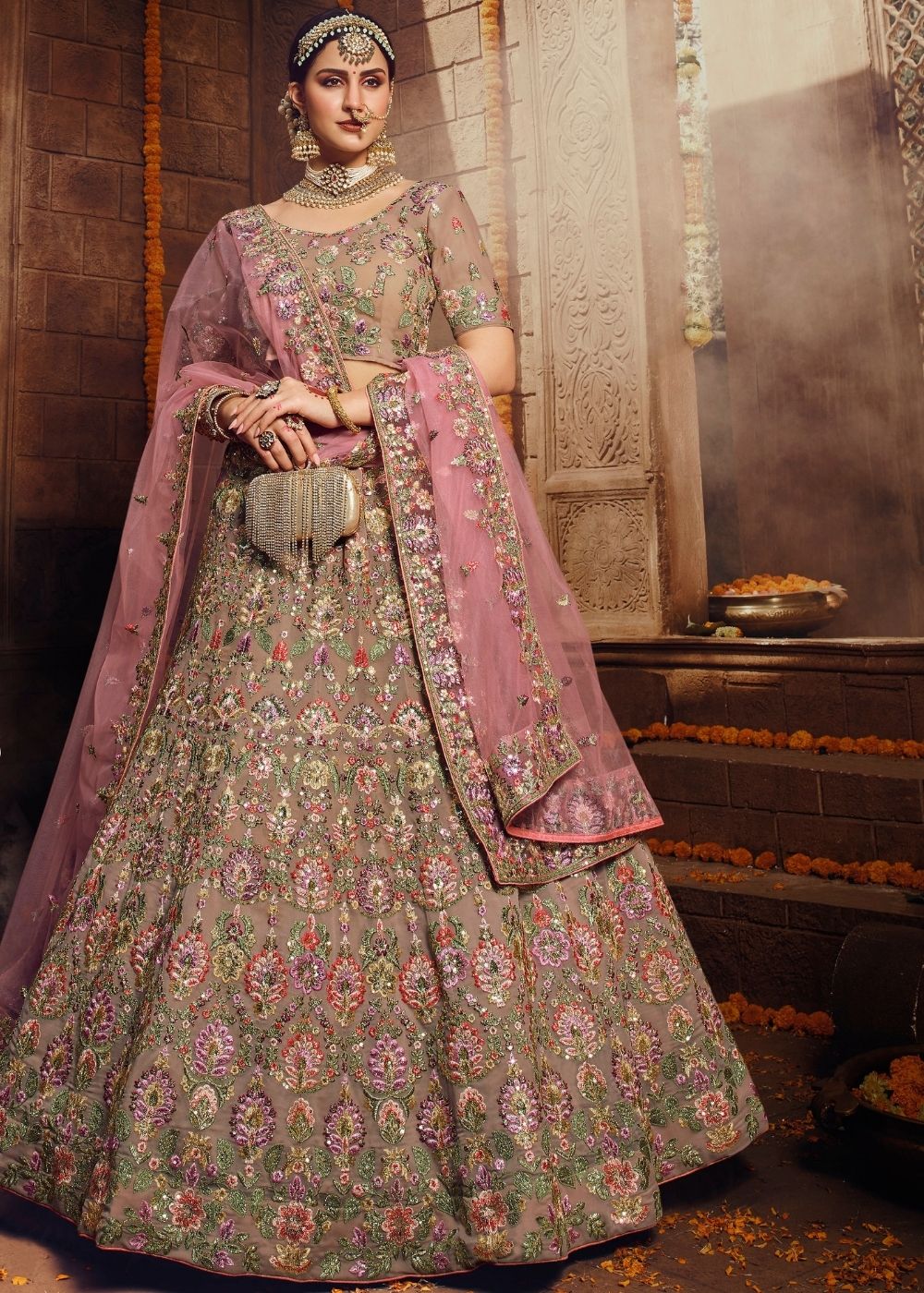 Oriental Pink Georgette Bridal Lehenga Choli