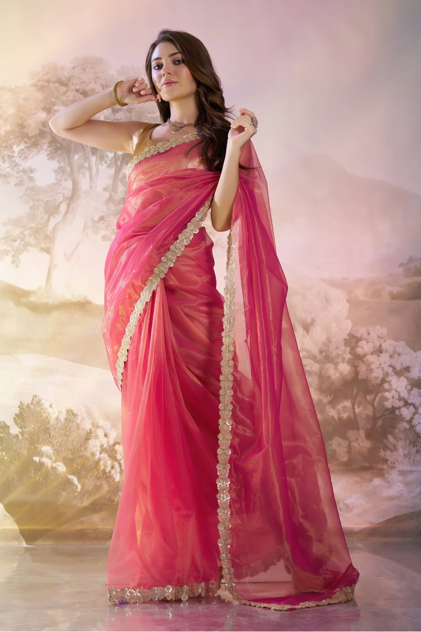 Dusty Pink Partywear Net Saree