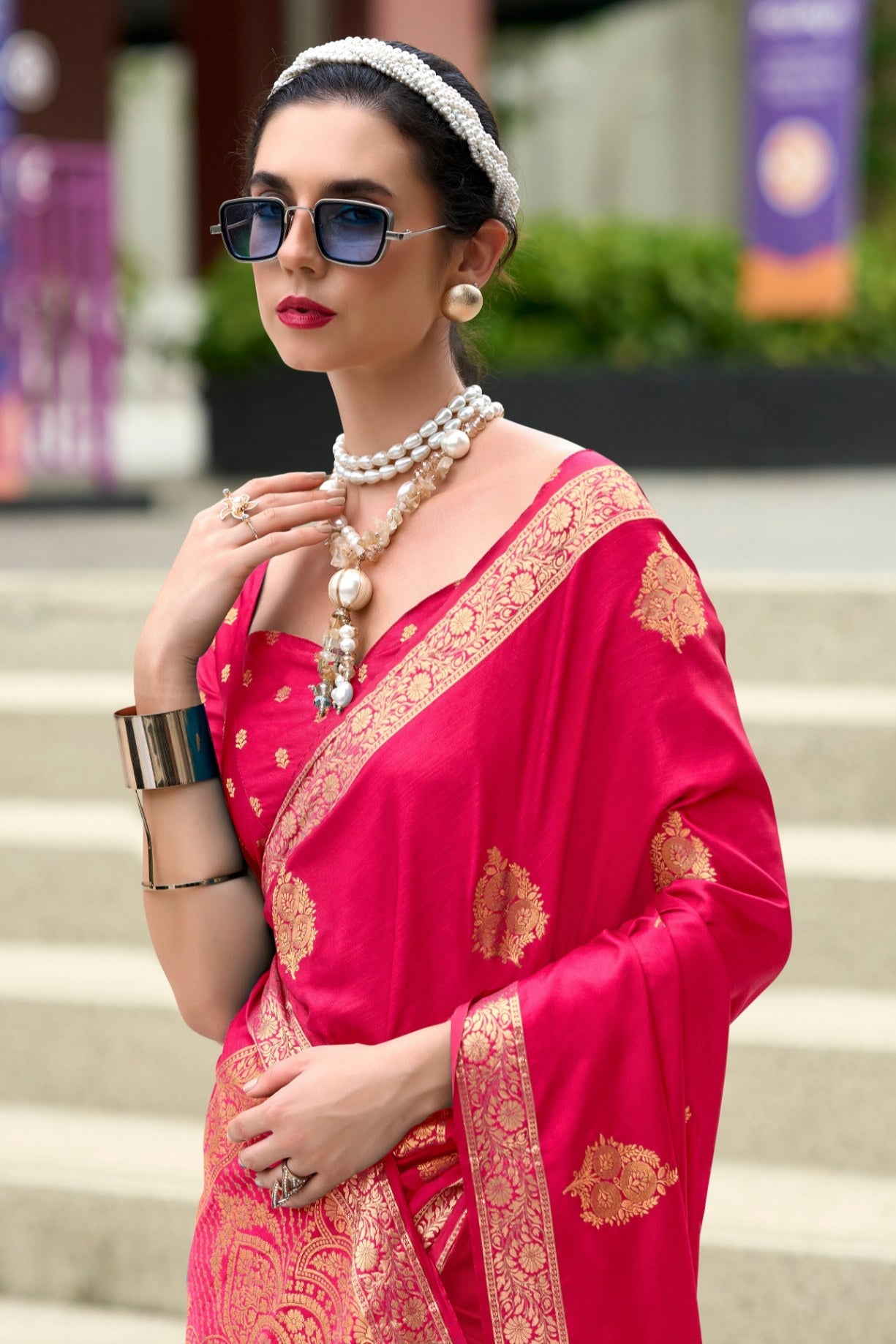 Crimson Pink Banarasi Handloom Satin Saree