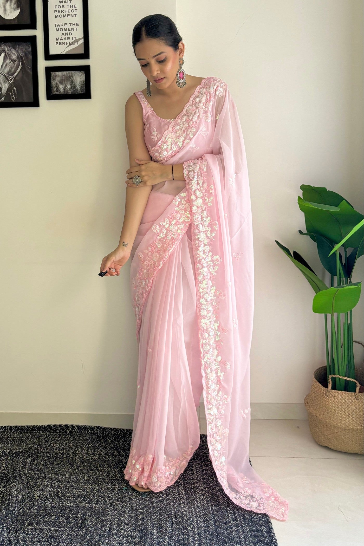 Rose Fog Pink Embroidery Georgette saree