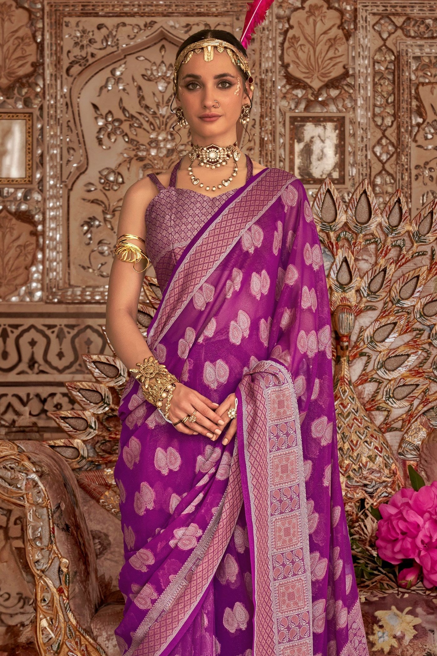 Lolipop Purple Zari Woven Georgette Saree