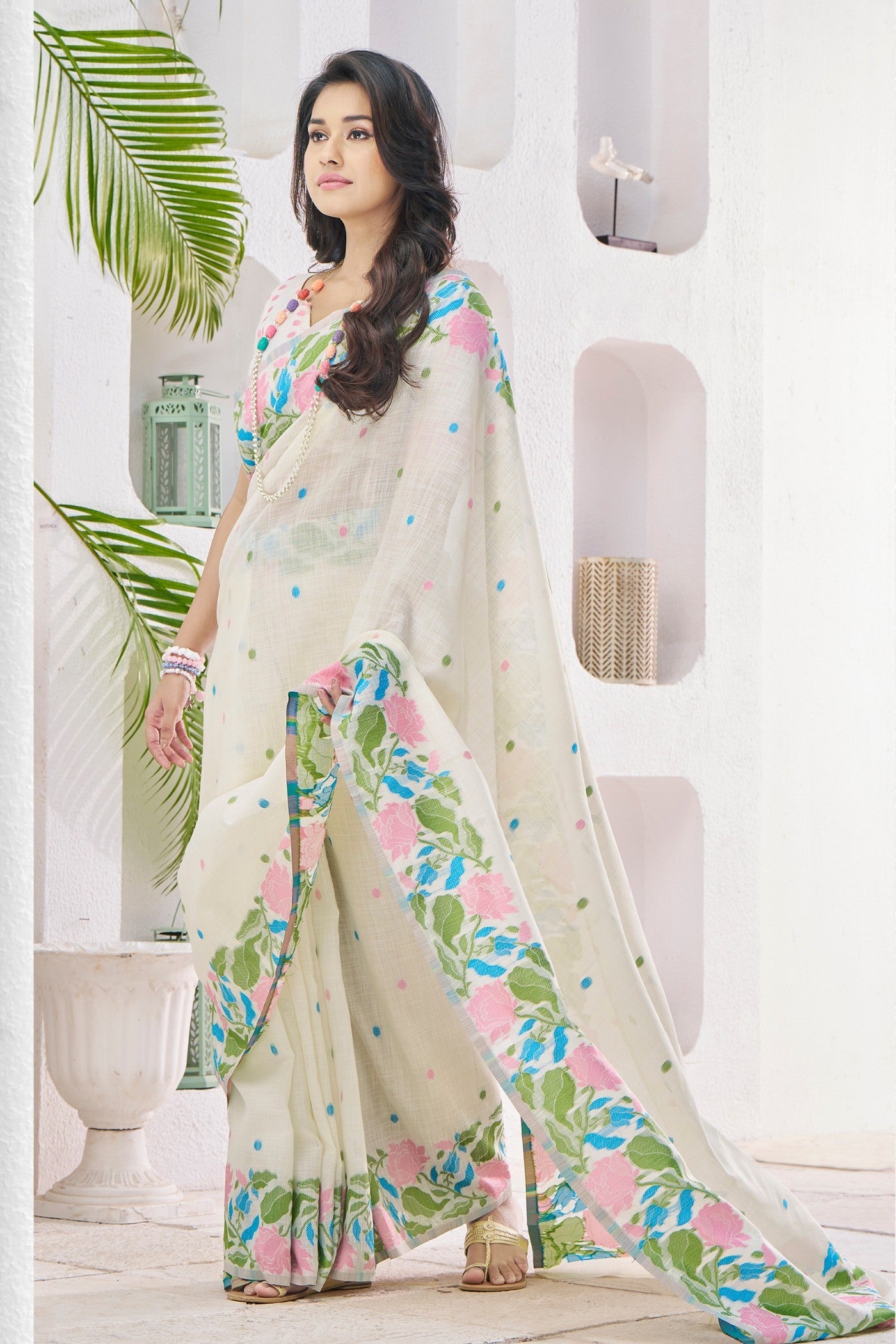 Sisal White Printed Linen Saree