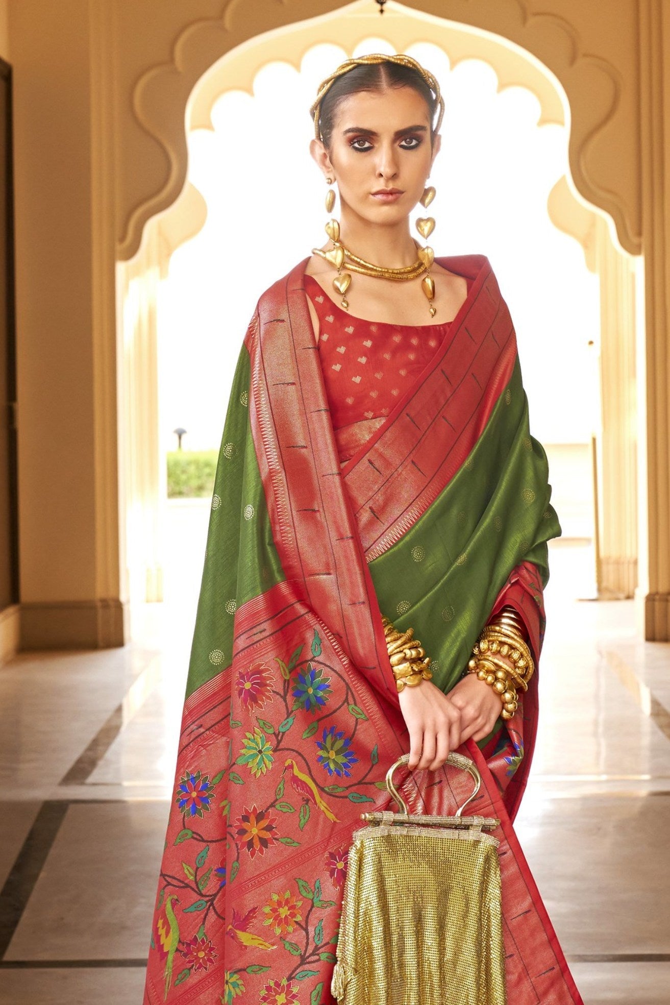 Leaf Green and Red Woven Paithani Designer Saree