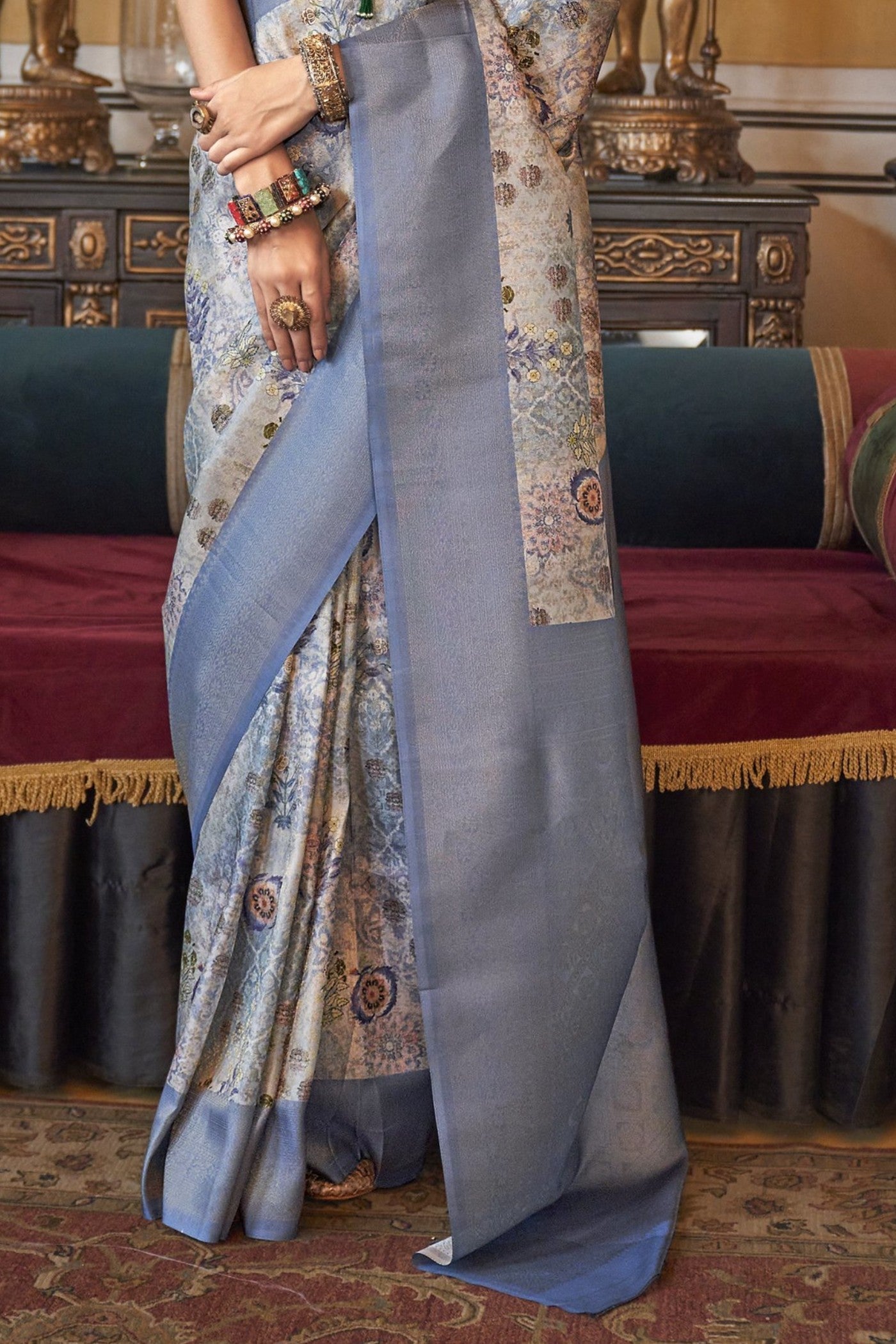 Pewter Blue Tussar Banarasi Digital Printed Saree