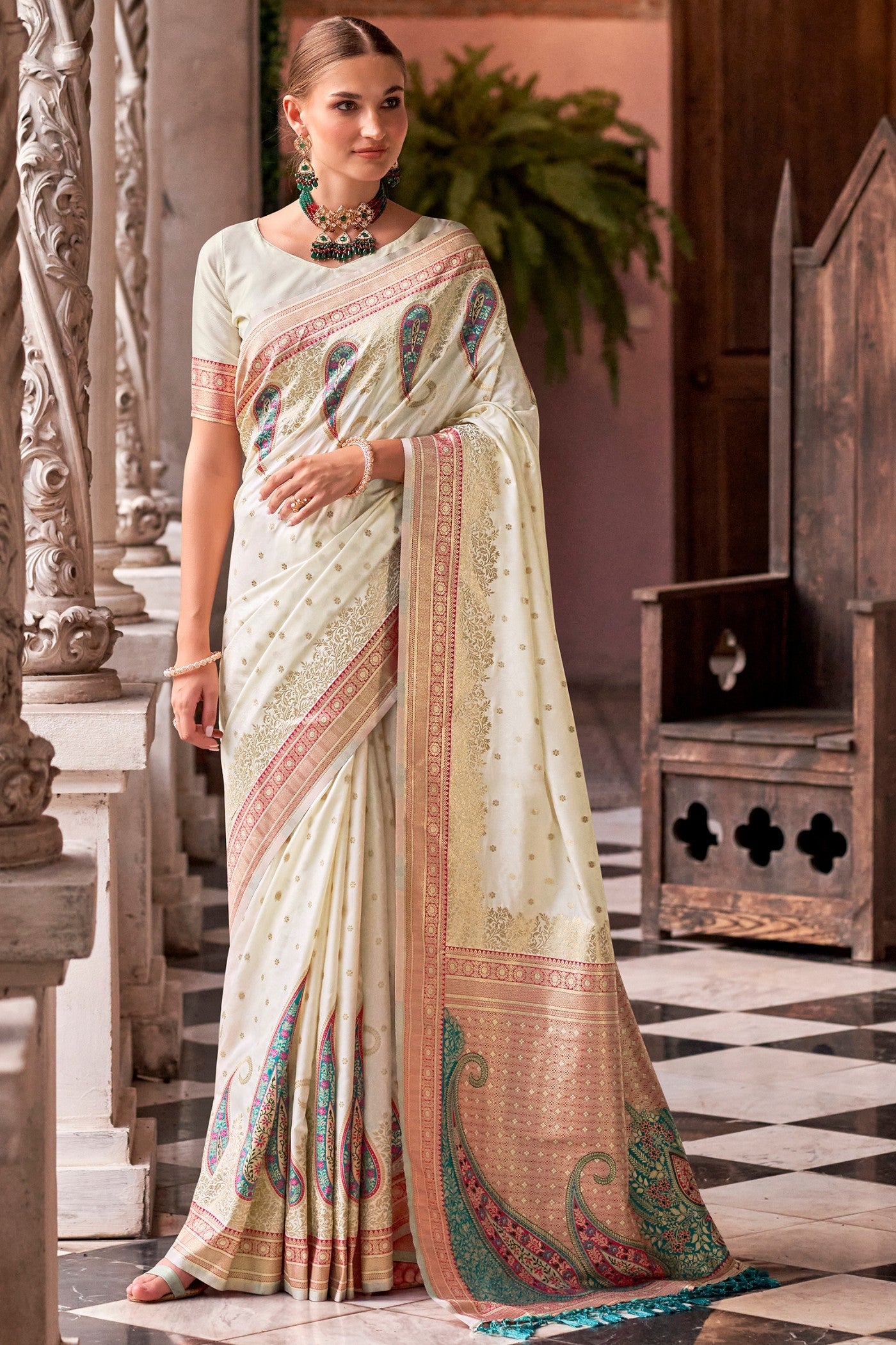 Ice White Banarasi Soft Silk Saree