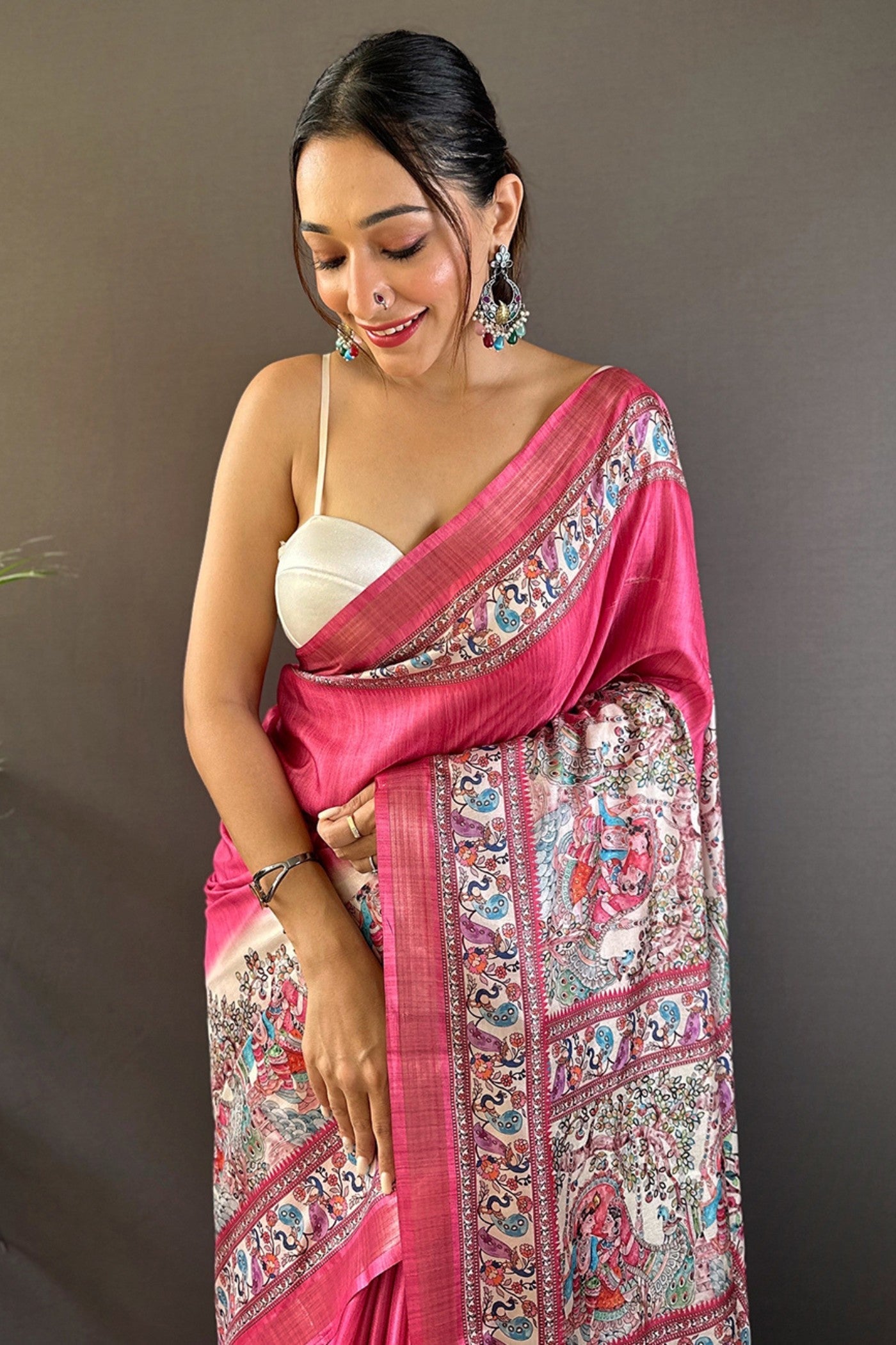 Mystic Pearl Pink Madhubani Printed Tussar Silk Saree