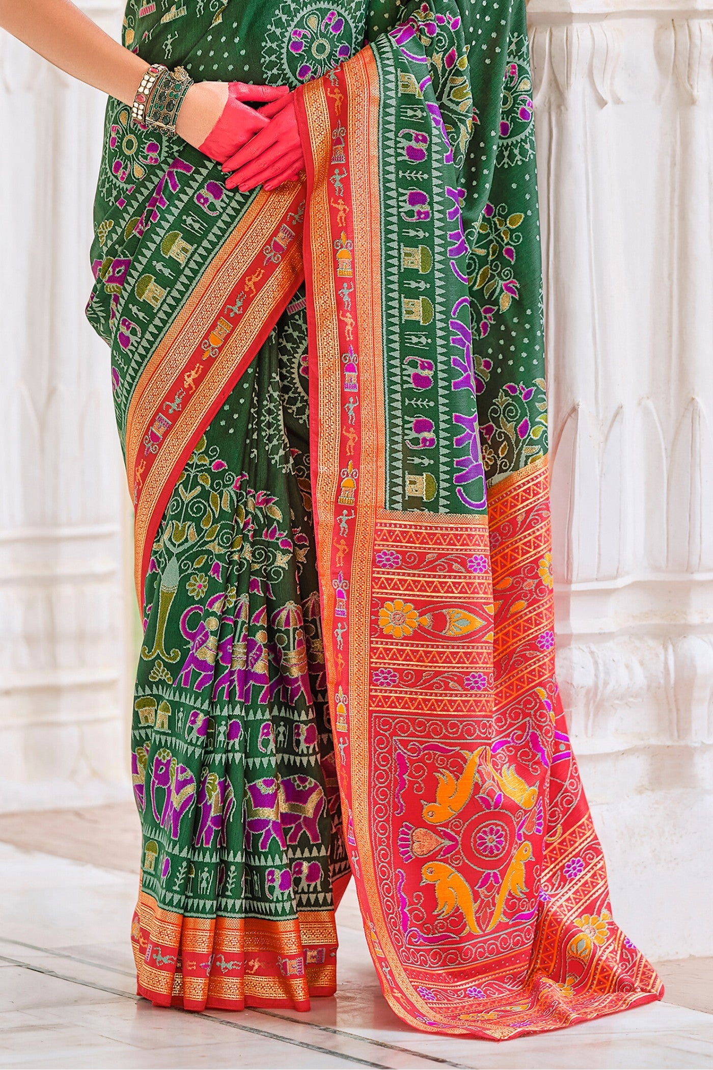 Tom Thumb Green and Red Printed Patola Saree