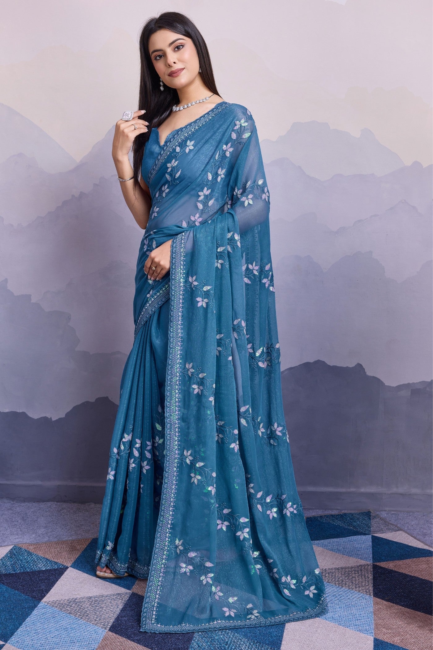 Celadon Blue Embroidered Designer Chiffon Saree