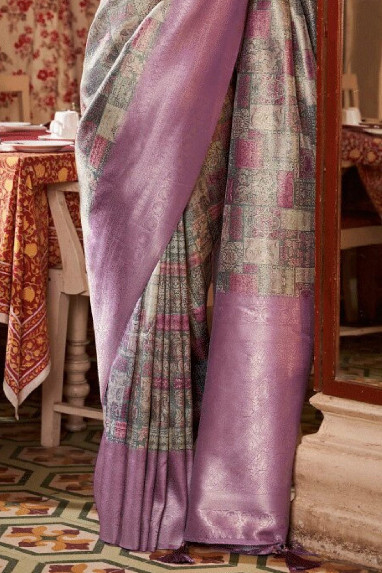 Oriental Purple and Grey Banarasi Digital Printed Saree