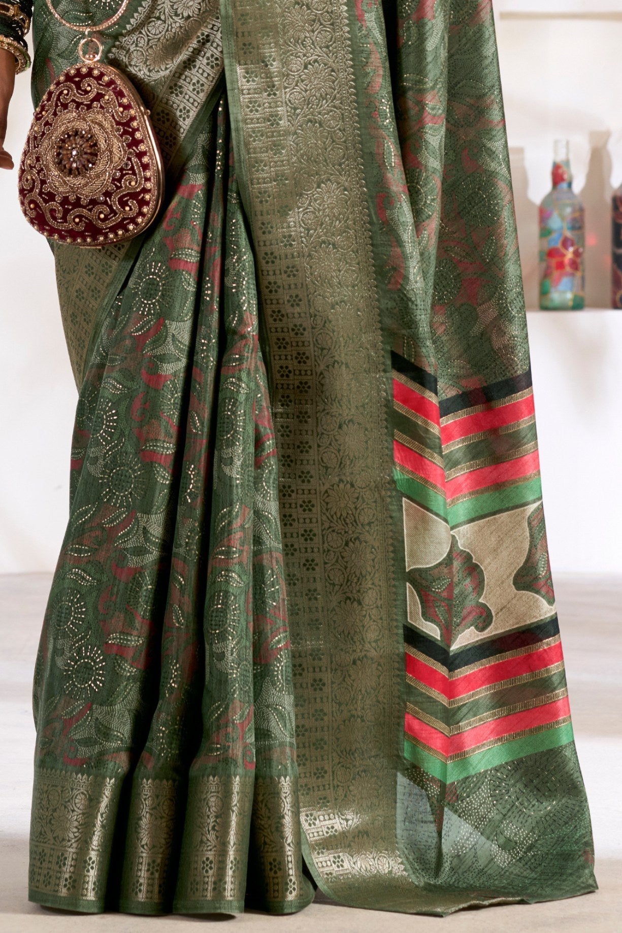 Hemlock Green Soft Dola Silk Saree