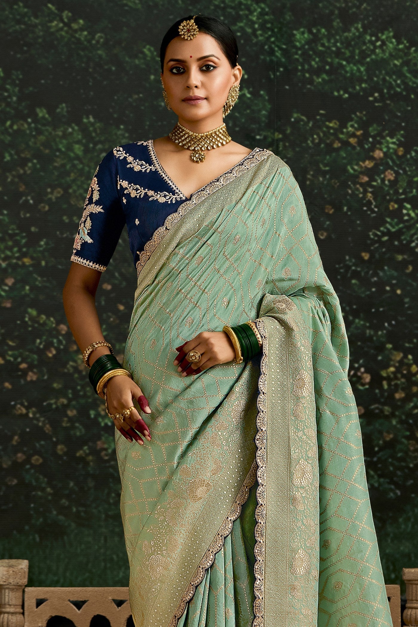 Pisatchio Green Designer Banarasi Saree