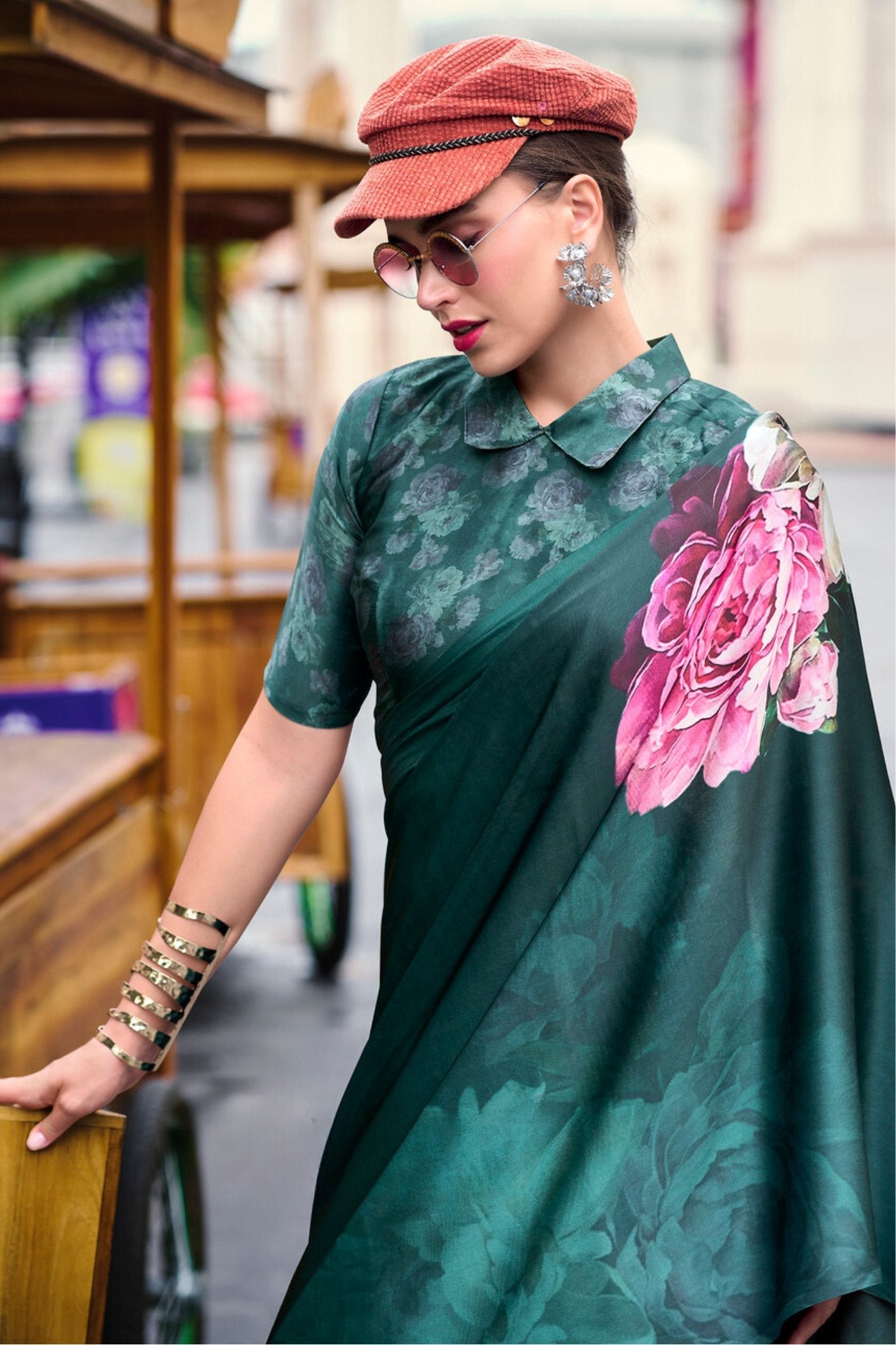 Firefly Green Printed Satin Crepe Silk Saree