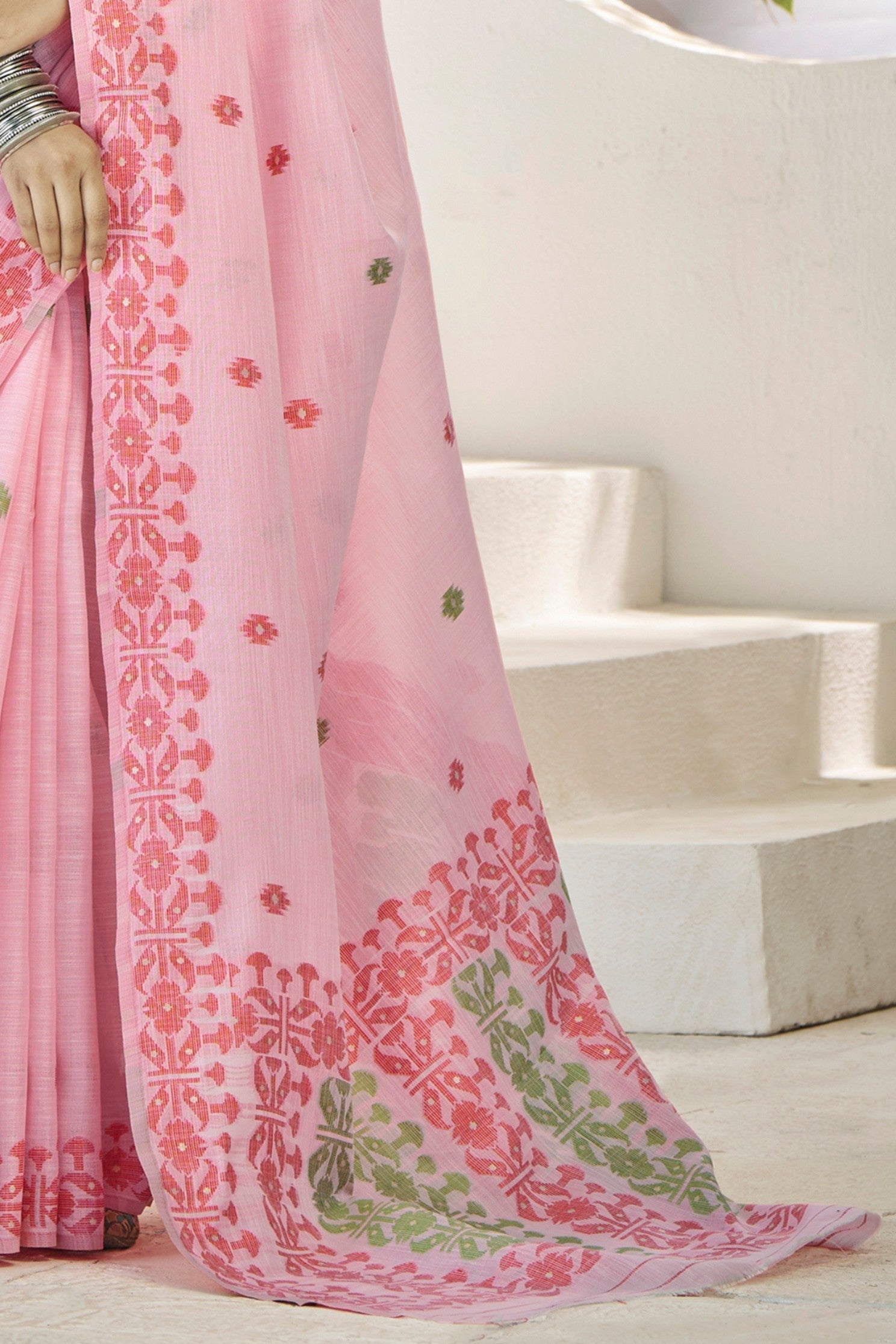 Beauty Bush Pink Woven Linen Saree