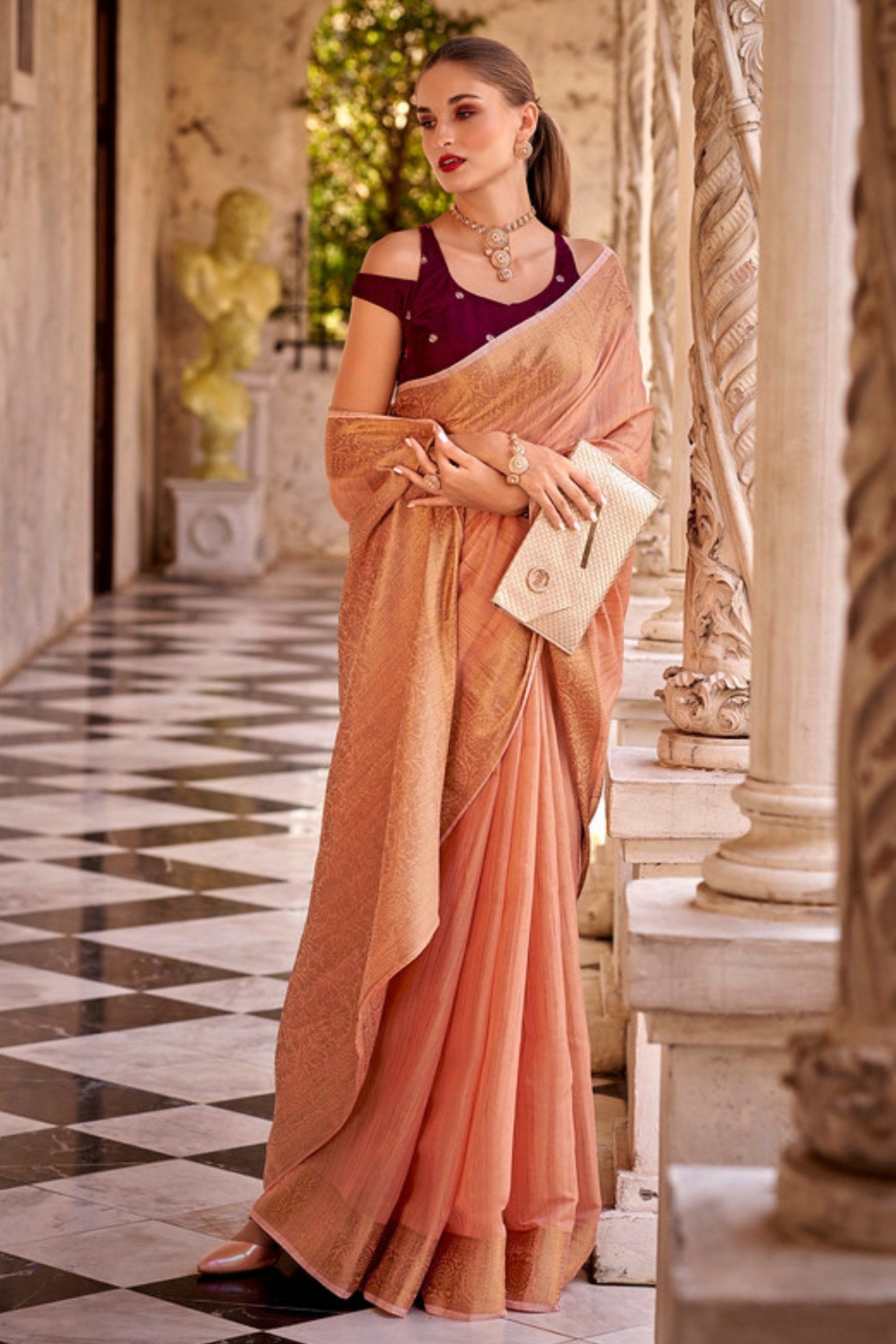 Japonica Orange Zari Woven Linen Saree