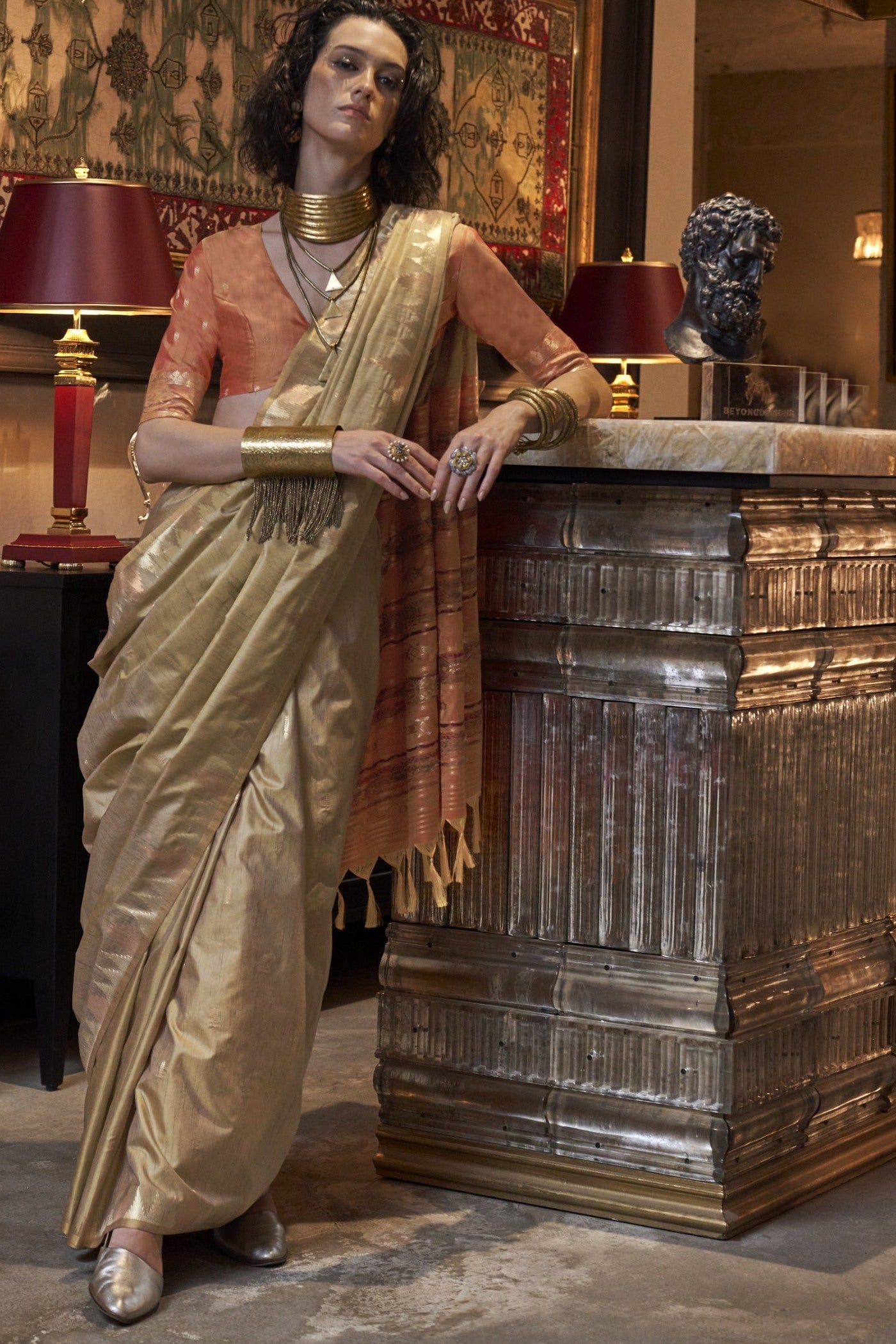 Dusty Brown Woven Linen Saree