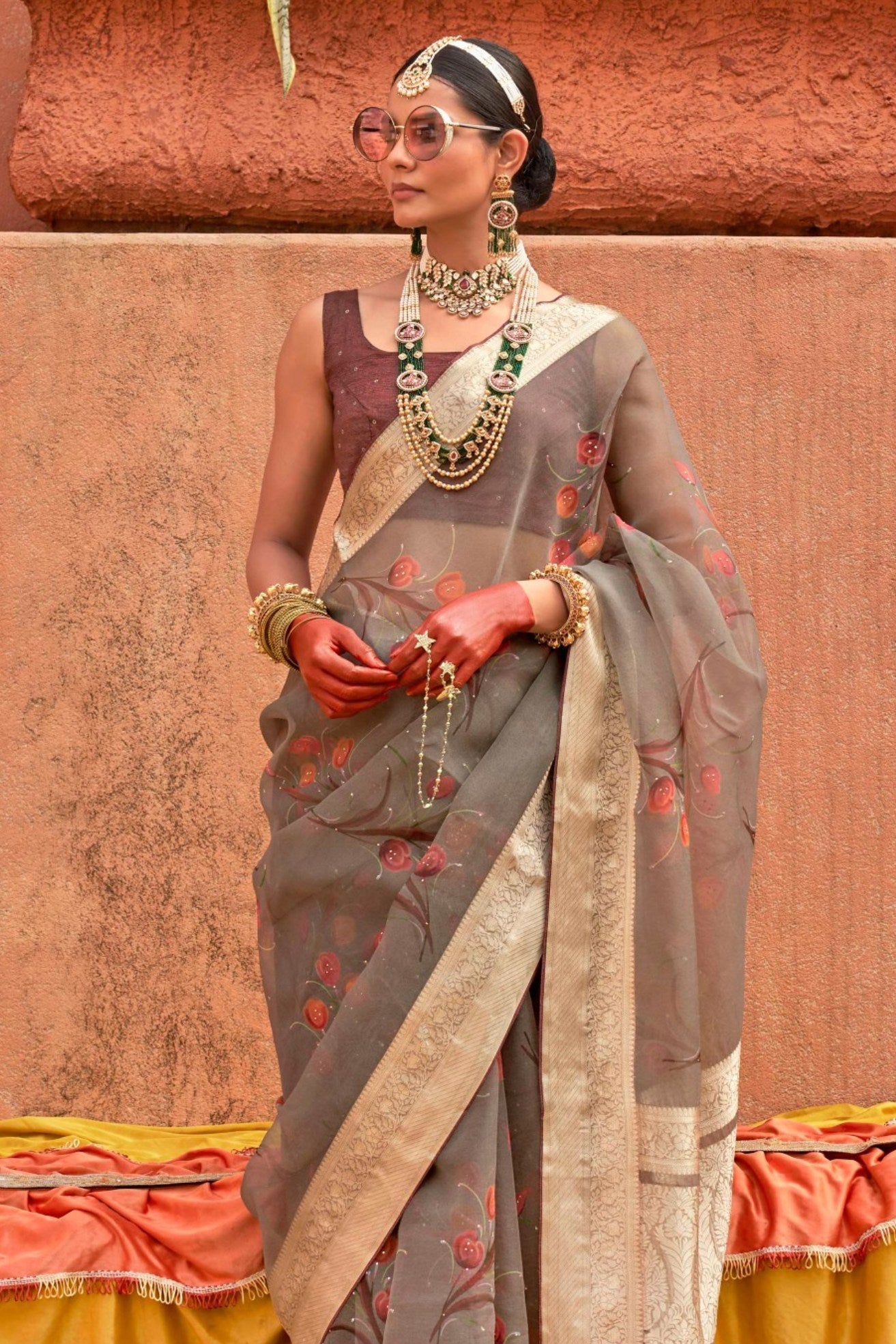 Brown Shade Zari Woven Organza Saree