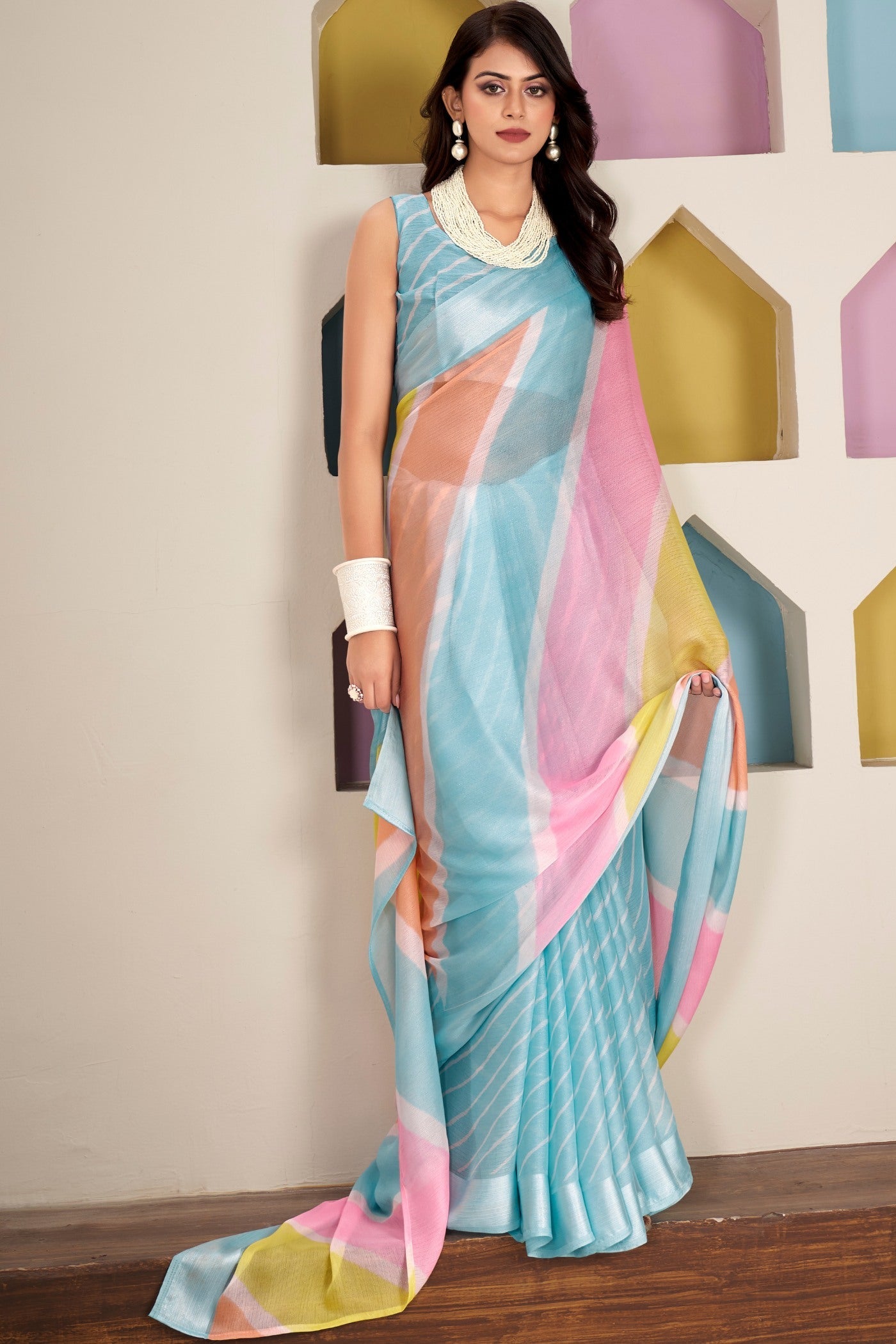 Whale Blue Printed Satin Silk Saree