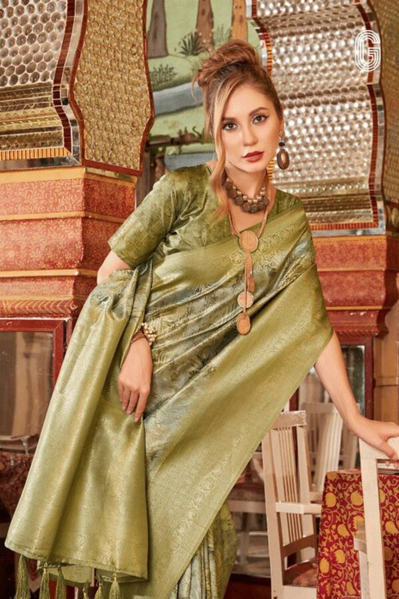 Costa Del Sol Green Banarasi Digital Printed Saree