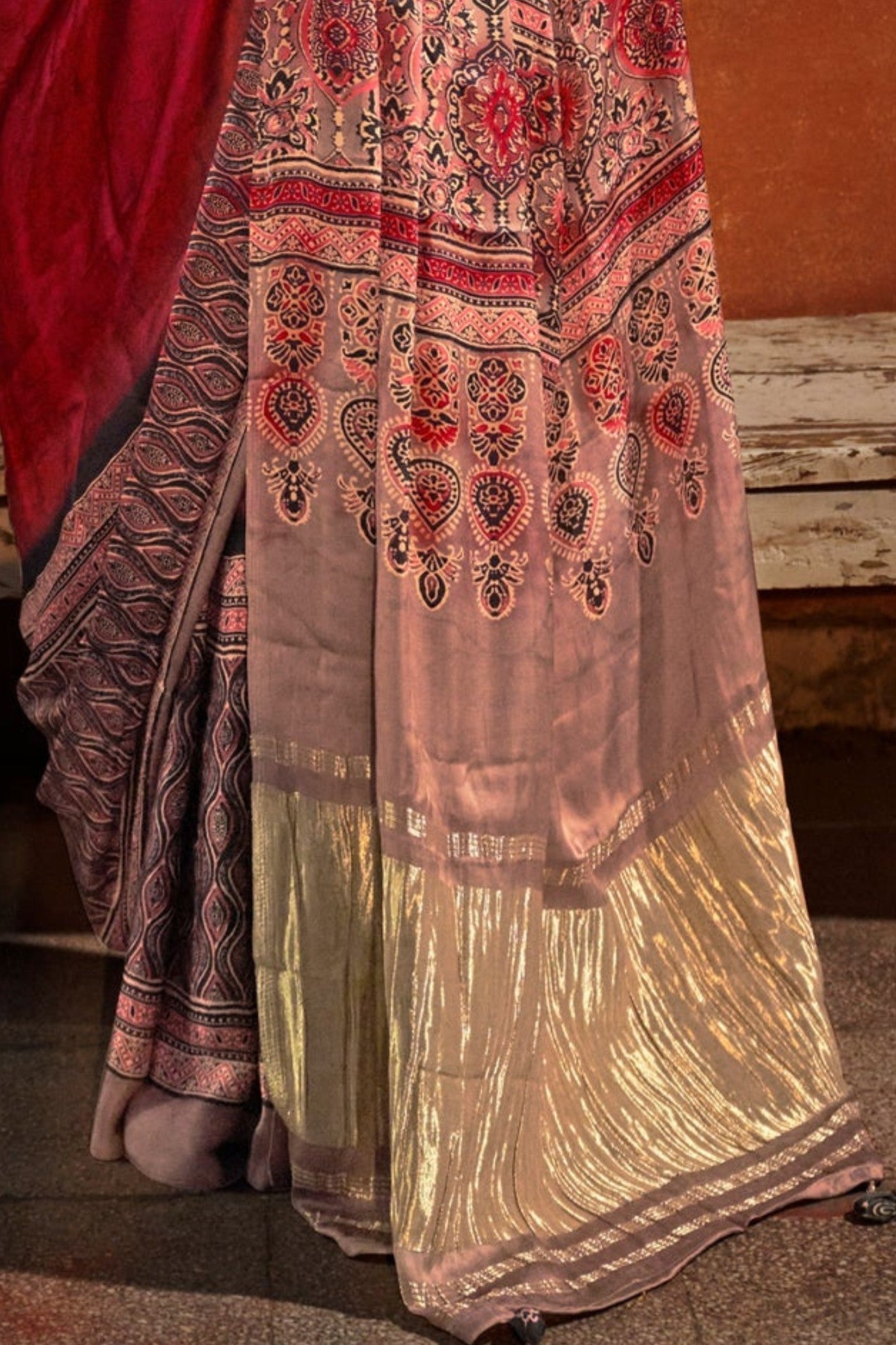 Dark Red Ajrakh Handprinted Satin Saree