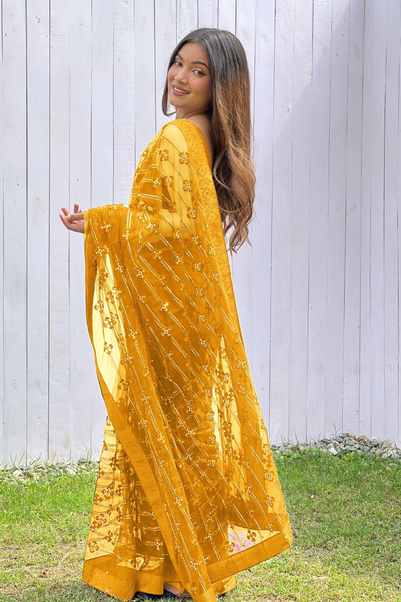 Amber Yellow Embroidered Partywear Saree