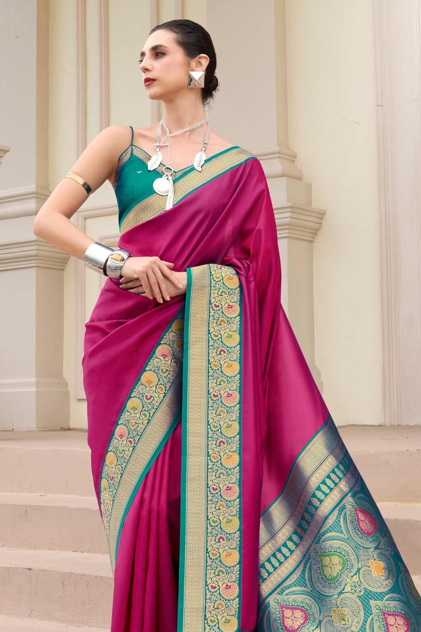 Hibiscus Pink Woven Banarasi Soft Silk Saree