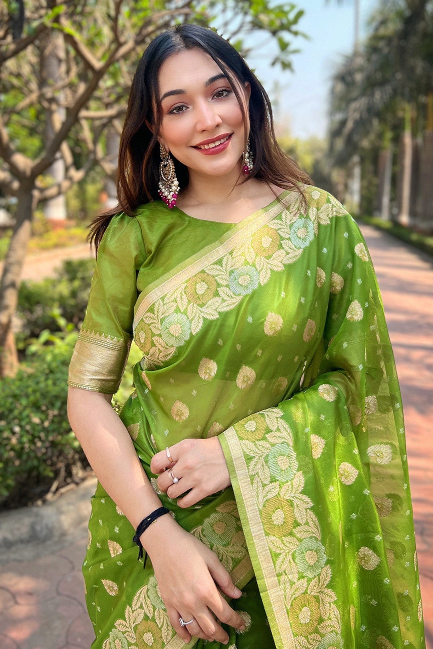 Wasabi Green Zari Woven Organza Saree