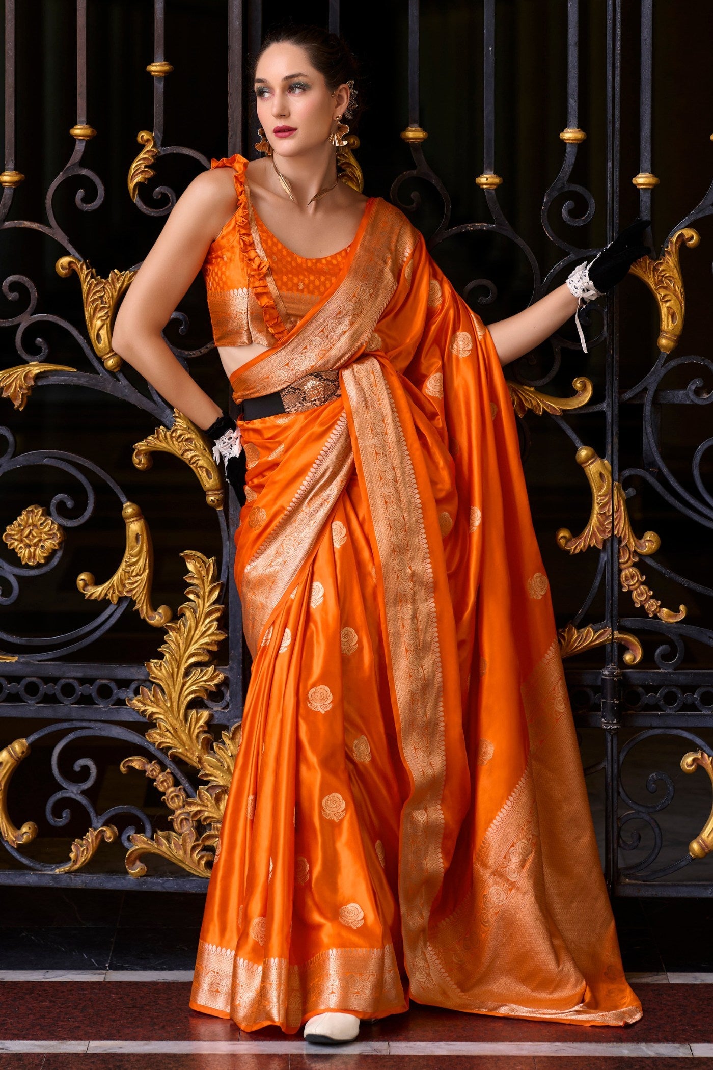 Tia Maria Orange Handloom Satin Silk Saree