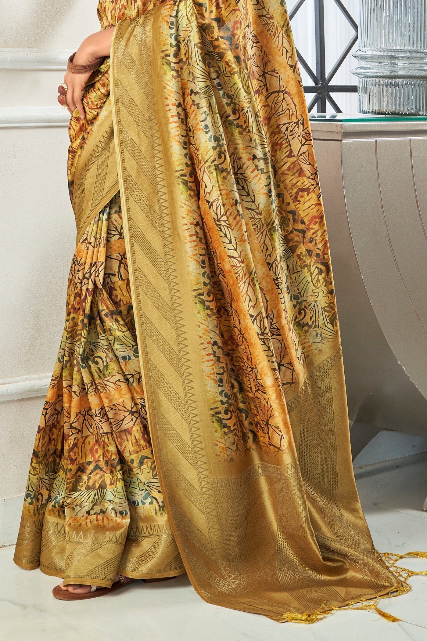 Aztec Gold Digital Printed Banarasi Saree