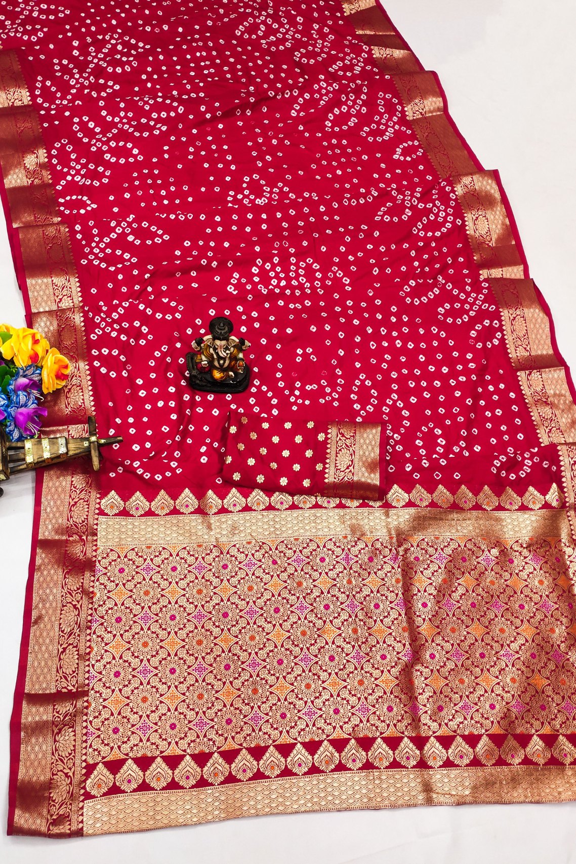 Persian Red Woven Bandhani Dola Silk Saree