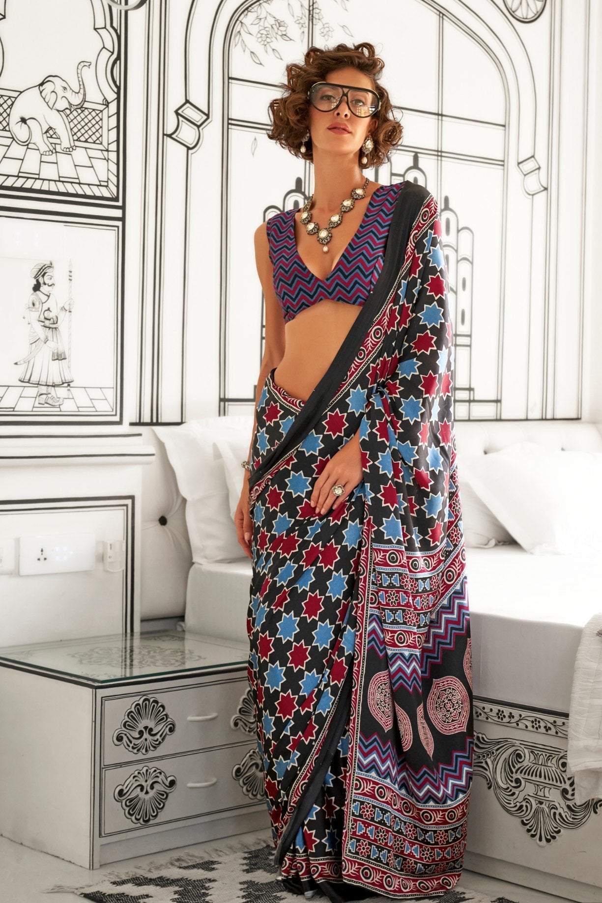 Tuatara Black and Blue Printed Ajrakh Satin Crepe Saree