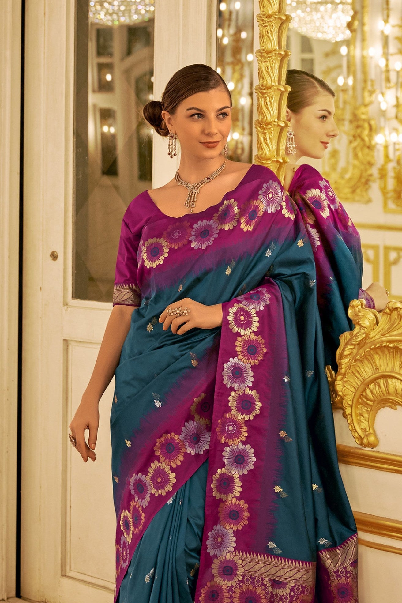 Plantation Blue and Purple Woven Banarasi Saree