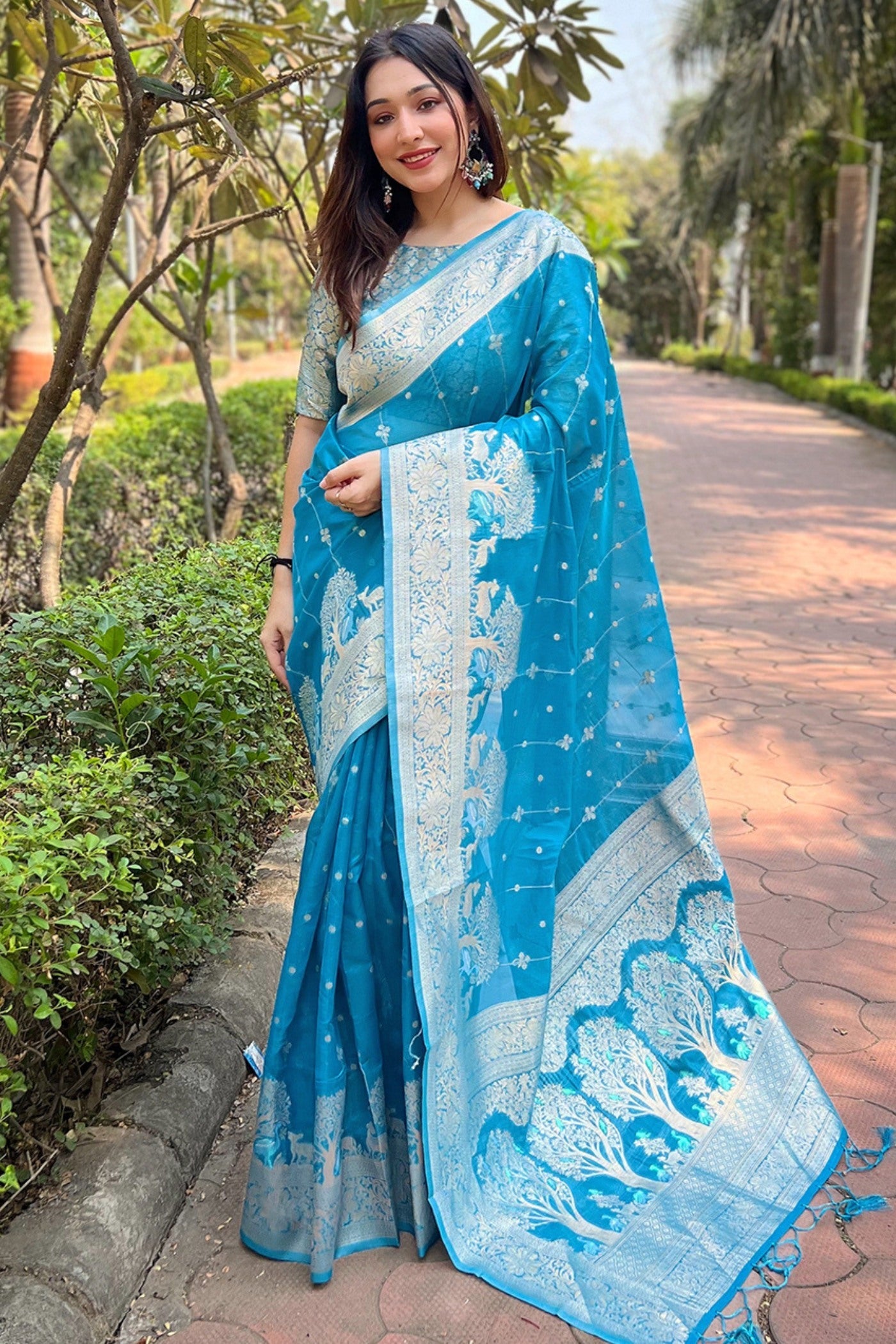 Winter Sky Blue Woven Organza Saree