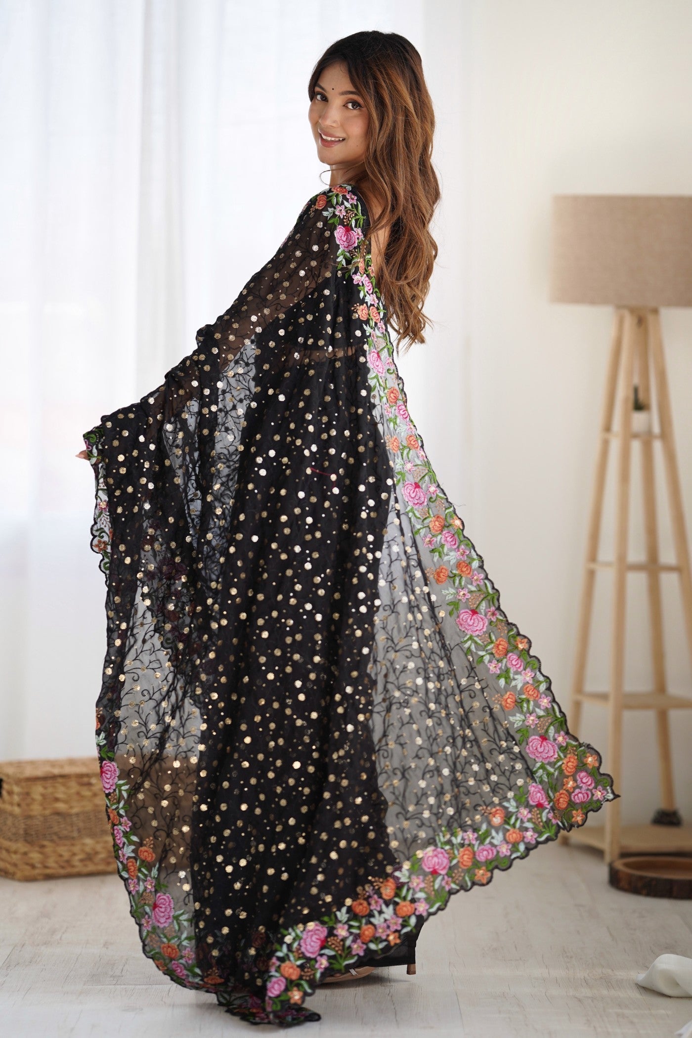 Metal Black Embroidered Georgette Saree