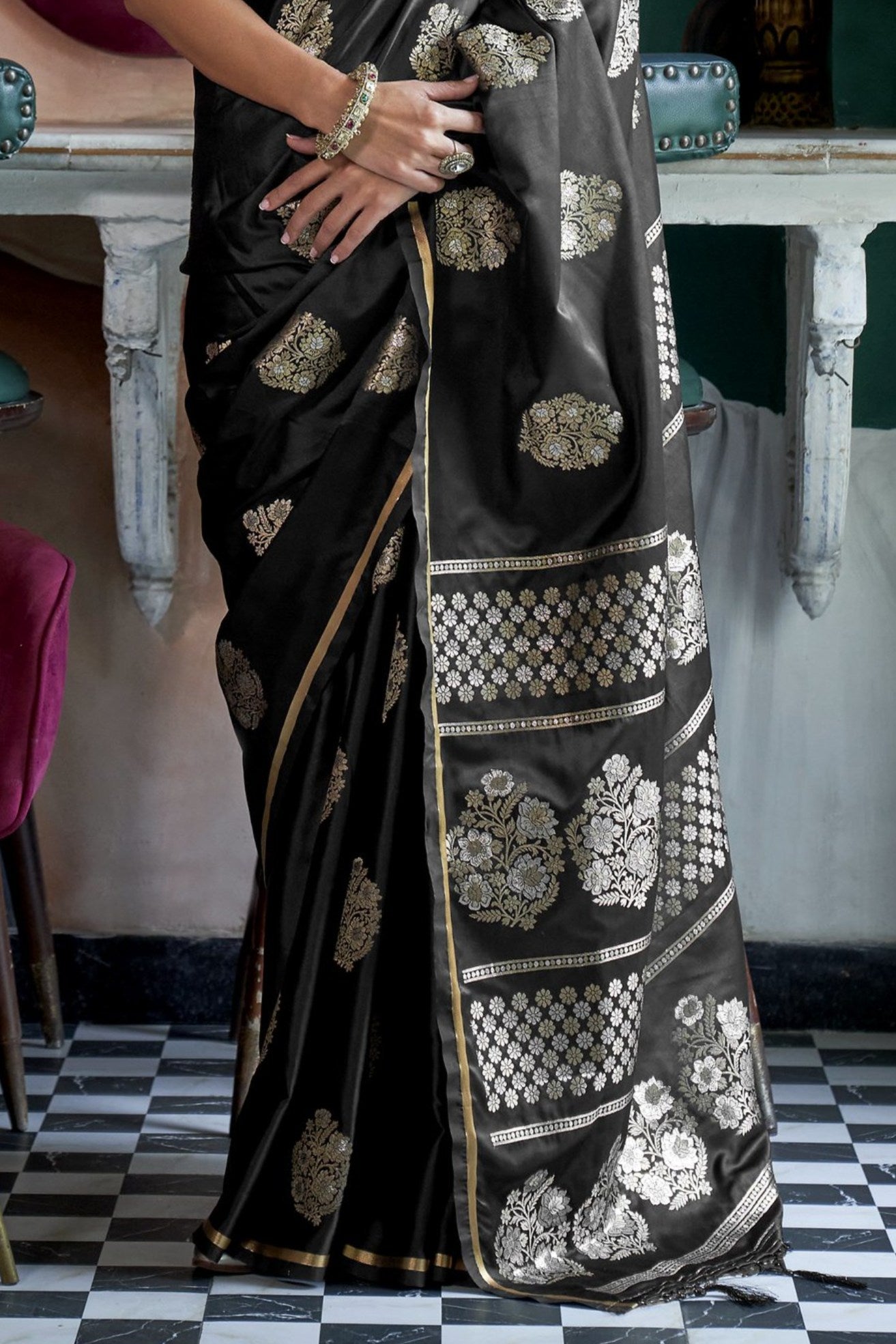 Cinder Black Banarasi Handloom Satin Saree