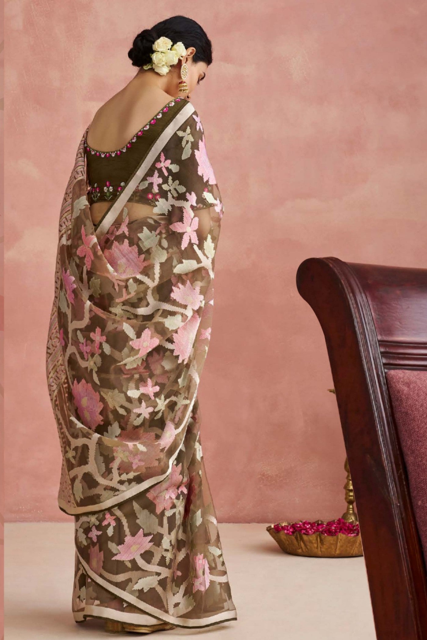 Shingle Fawn Brown Brasso Organza Printed Saree