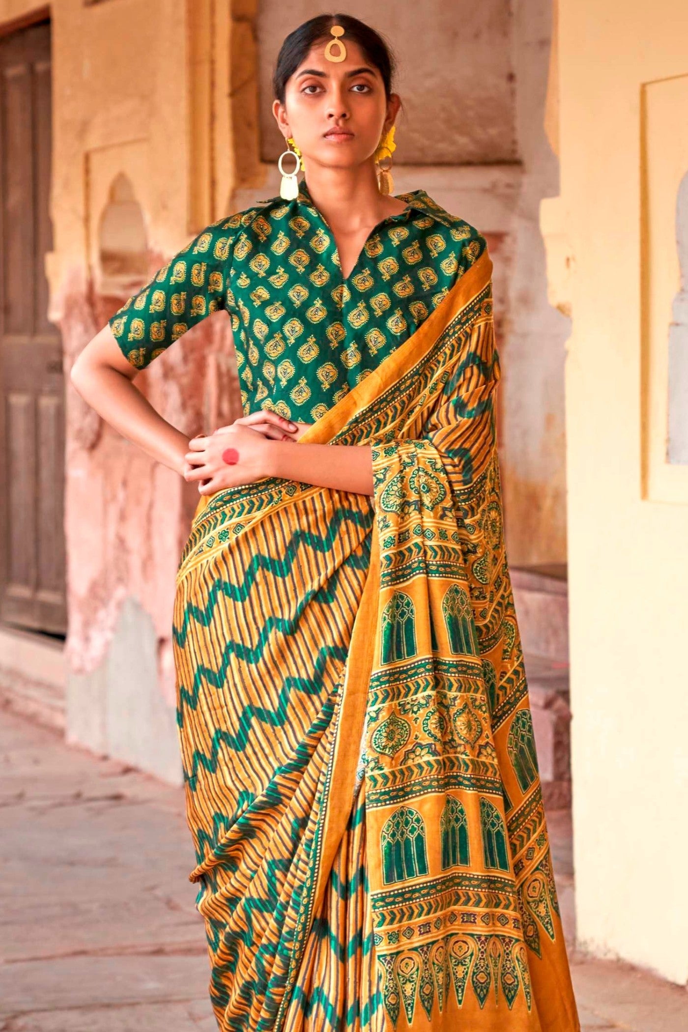 Porsche Yellow Ajrakh Handprinted Satin Saree