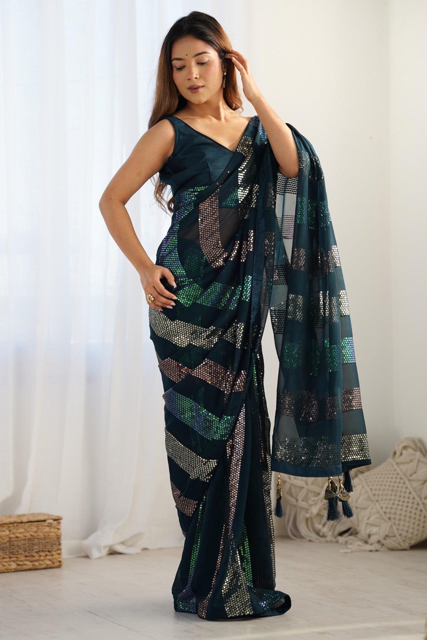 Cornflower Blue Georgette Partywear Saree