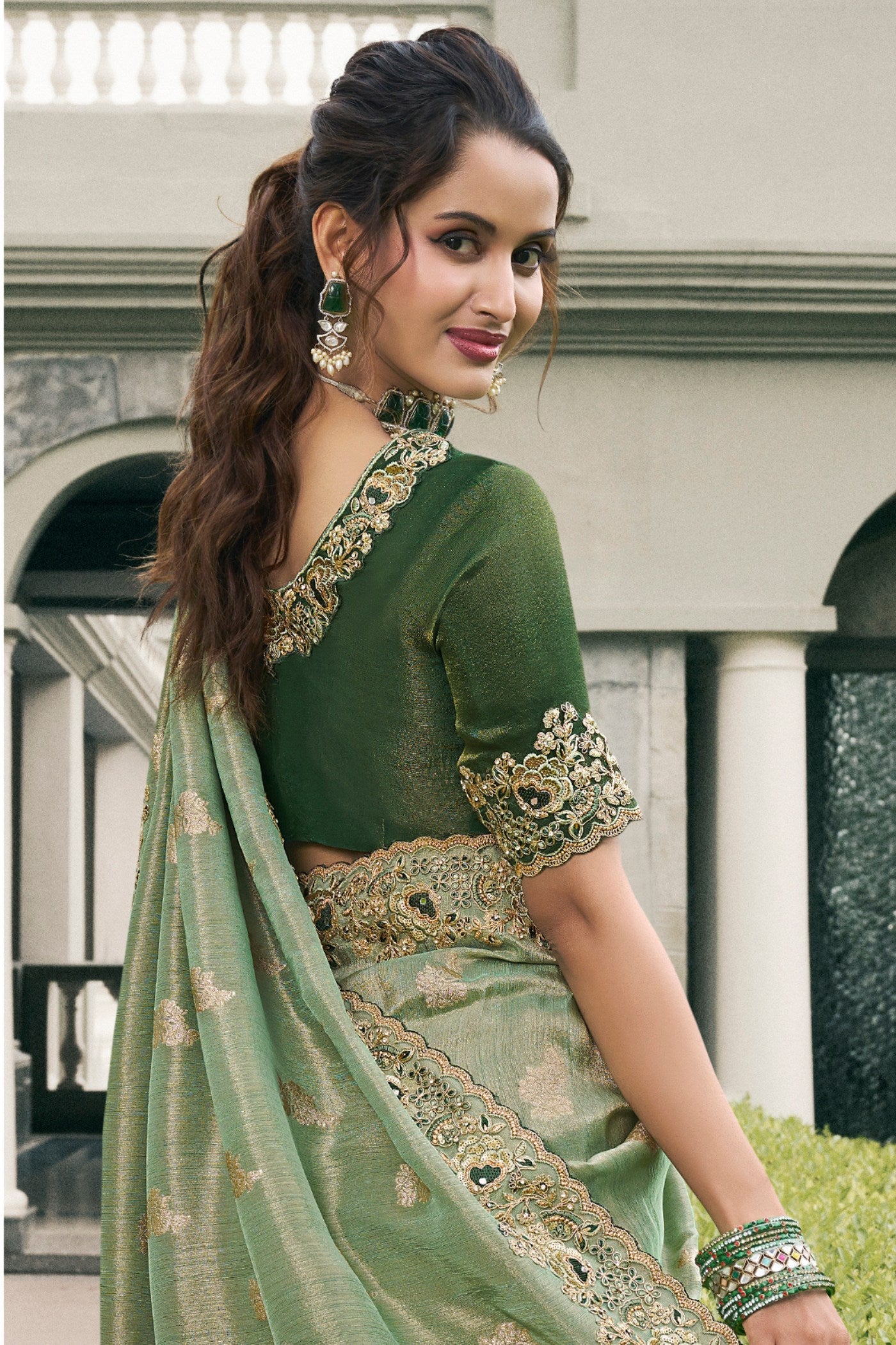 Tallow Green Banarasi Designer Embroidered Saree