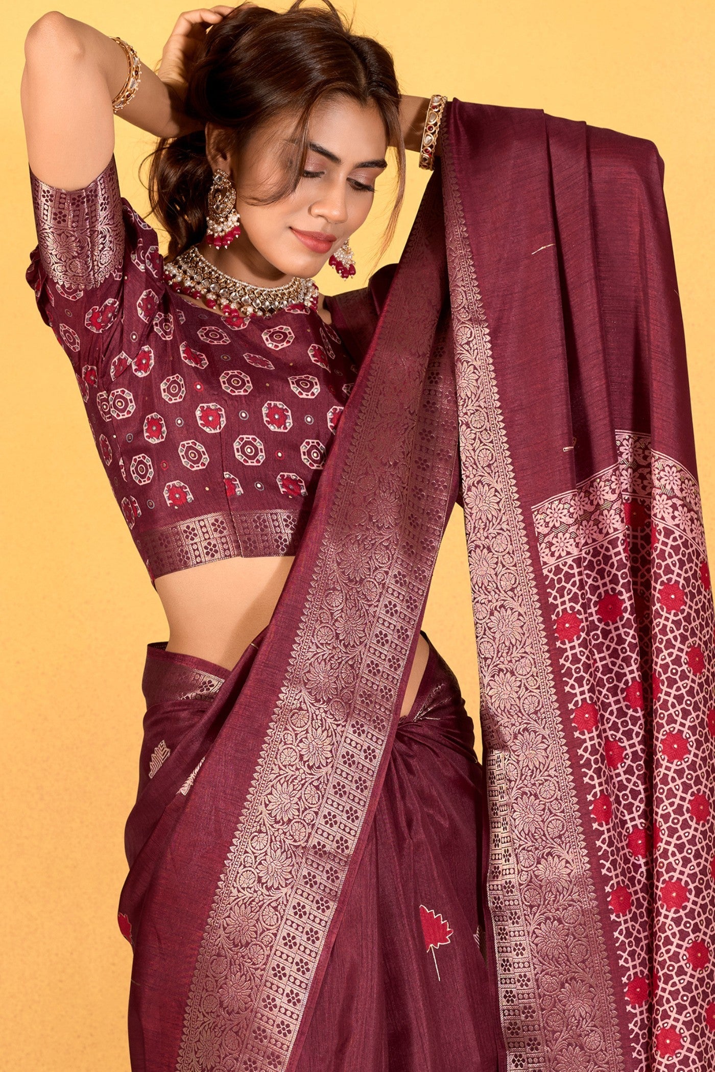 Glossy Maroon Woven Dola Silk Saree