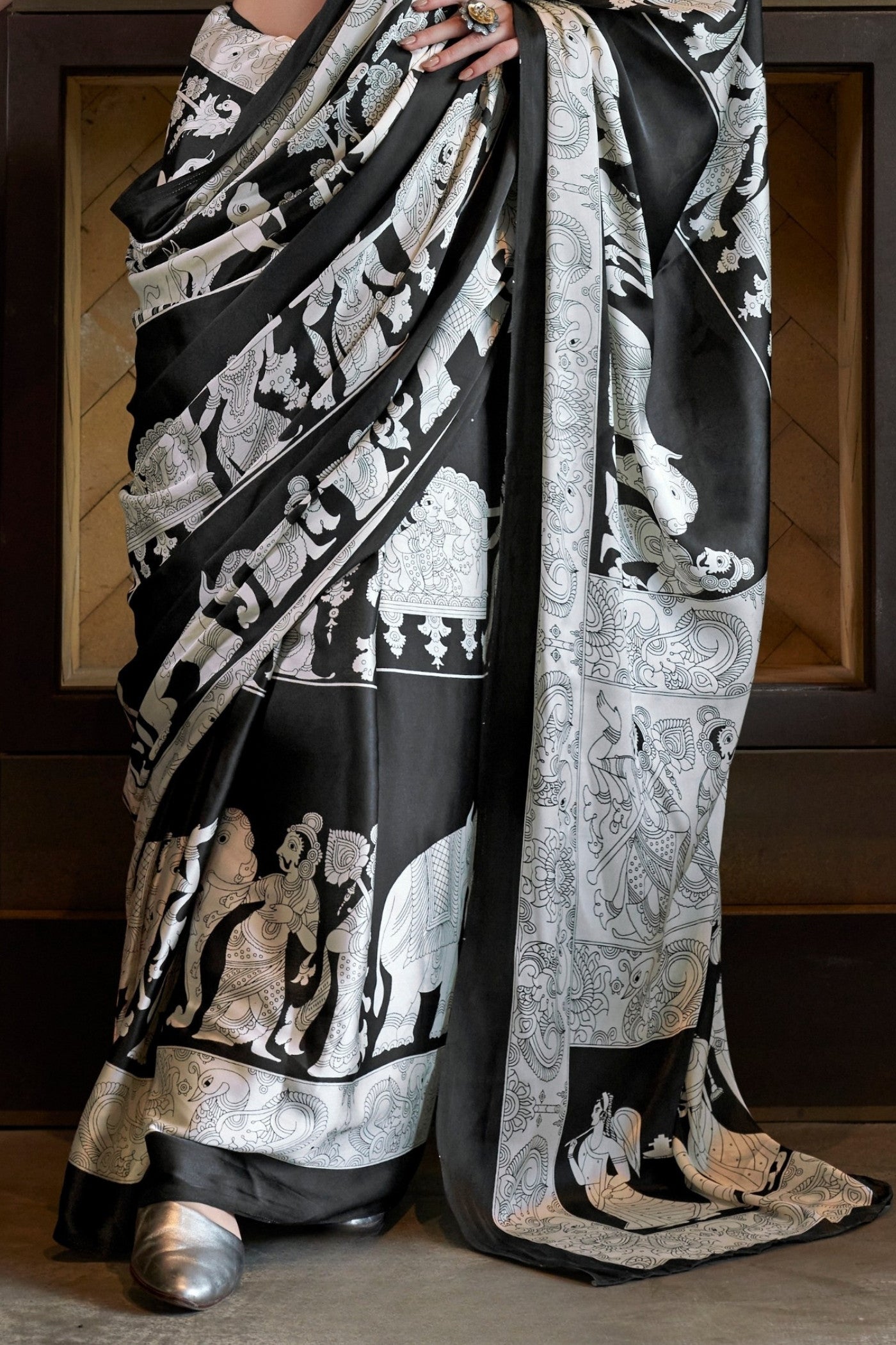 Asher Black and White Patola Printed Satin Crepe Saree