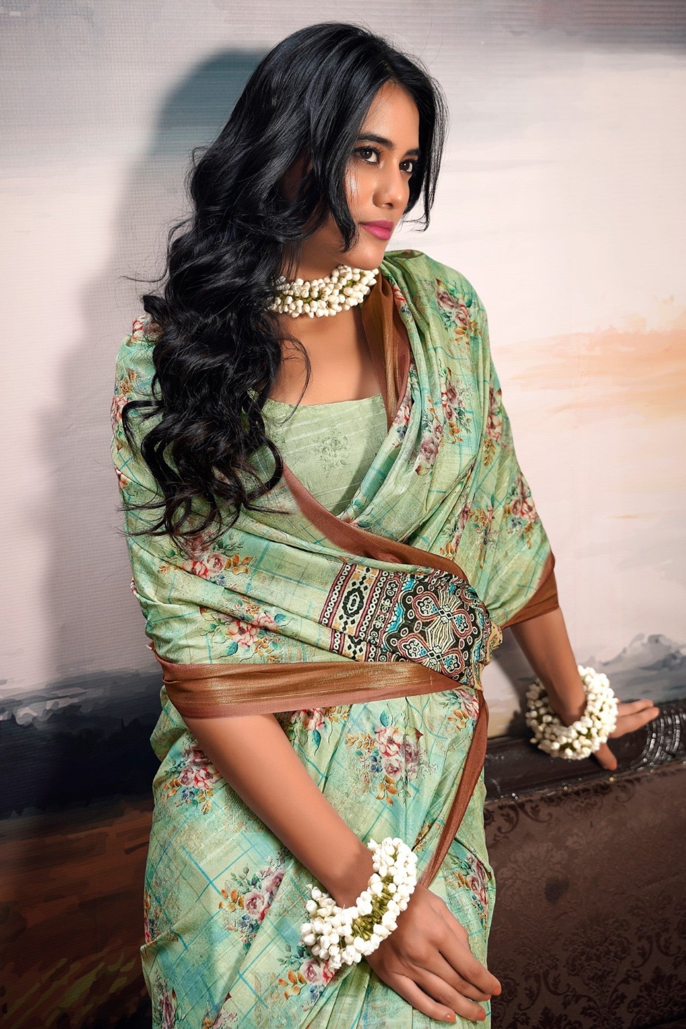 Coriander Green Digital Printed Cotton Saree