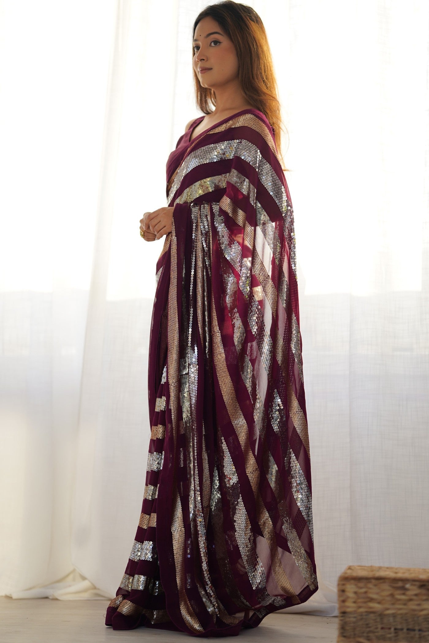 Tamarind Purple Georgette Partywear Saree