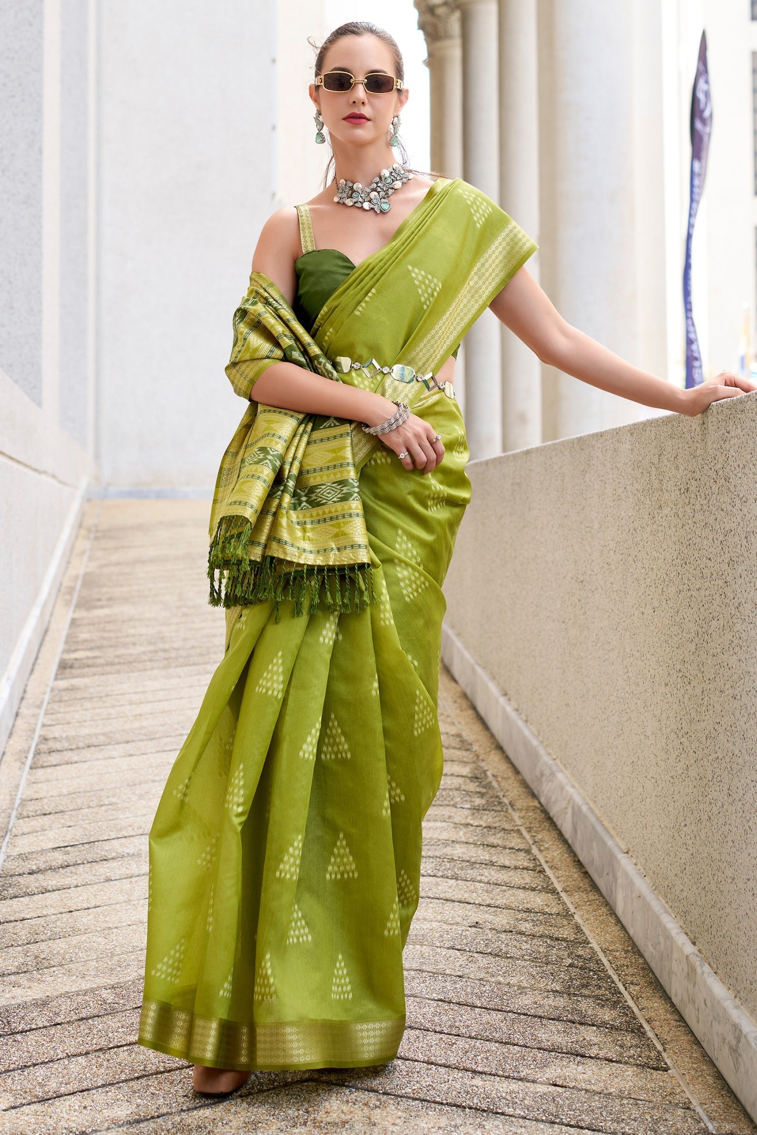 Ceramic Green Ikkat Woven Banarasi Saree