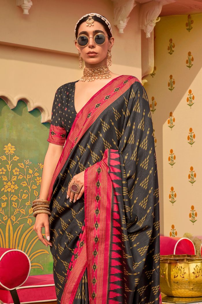 Black Paper Printed Banarasi Soft Silk Saree