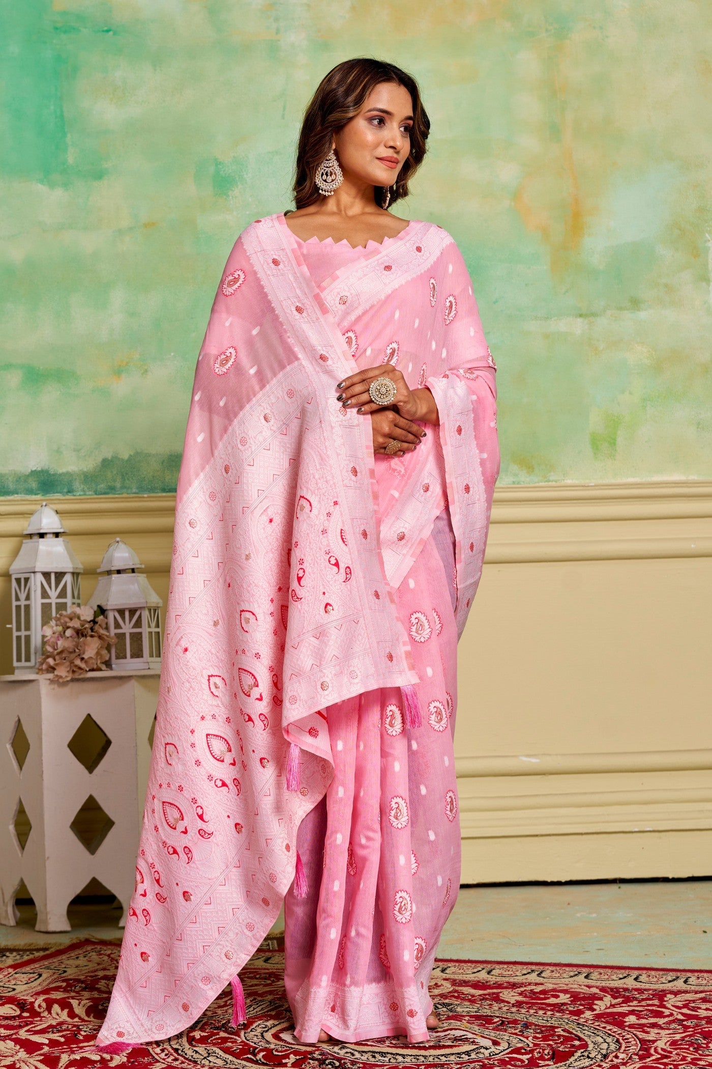 Pastel Pink Woven Cotton Saree