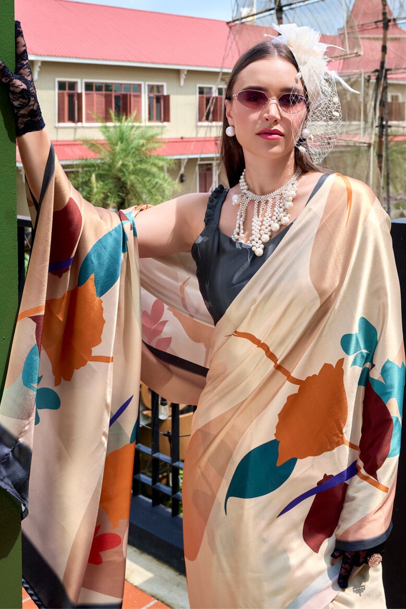 Sidecar Cream Printed Satin Crepe Silk Saree